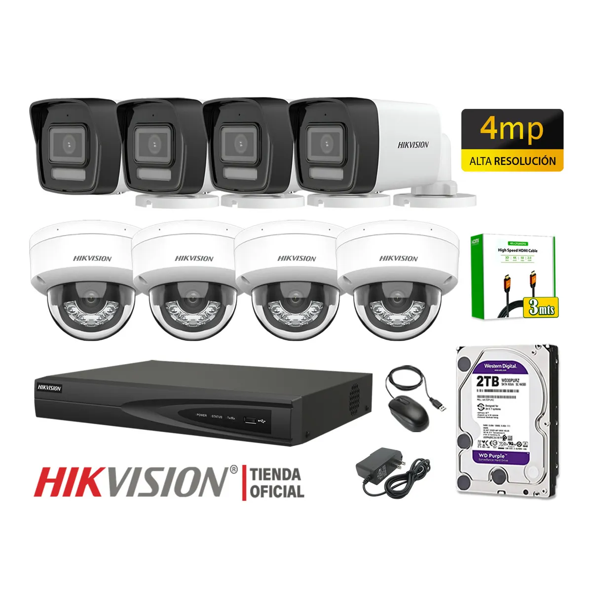 HIKVISION - Kit 8 Cámara Seguridad IP POE Hikvision 4MP Detección Persona Audio Incorporado Disco 2TB