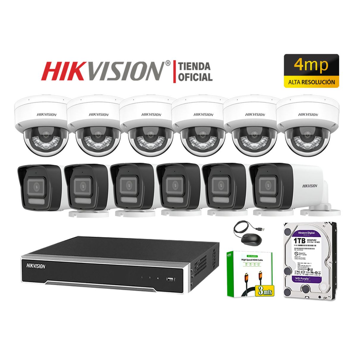 HIKVISION - Kit 12 Cámara Seguridad IP POE Hikvision 4MP Detección Persona Audio Incorporado Disco 1TB
