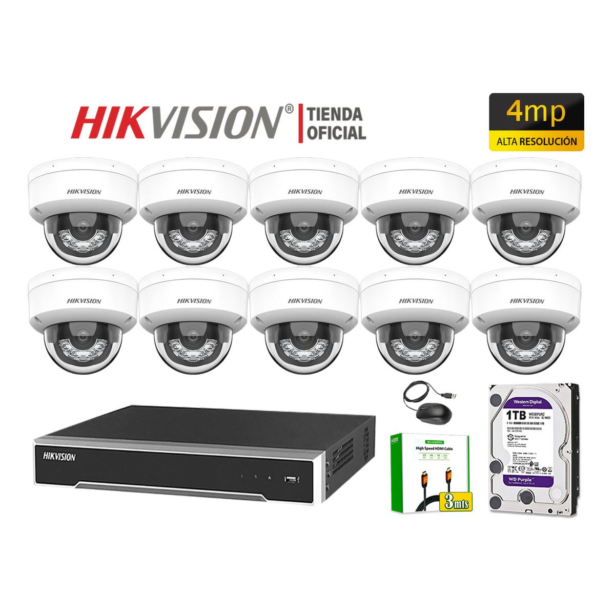HIKVISION - Kit 10 Cámara Seguridad IP POE Hikvision 4MP Domo Audio Detección Vehículo Disco 1TB