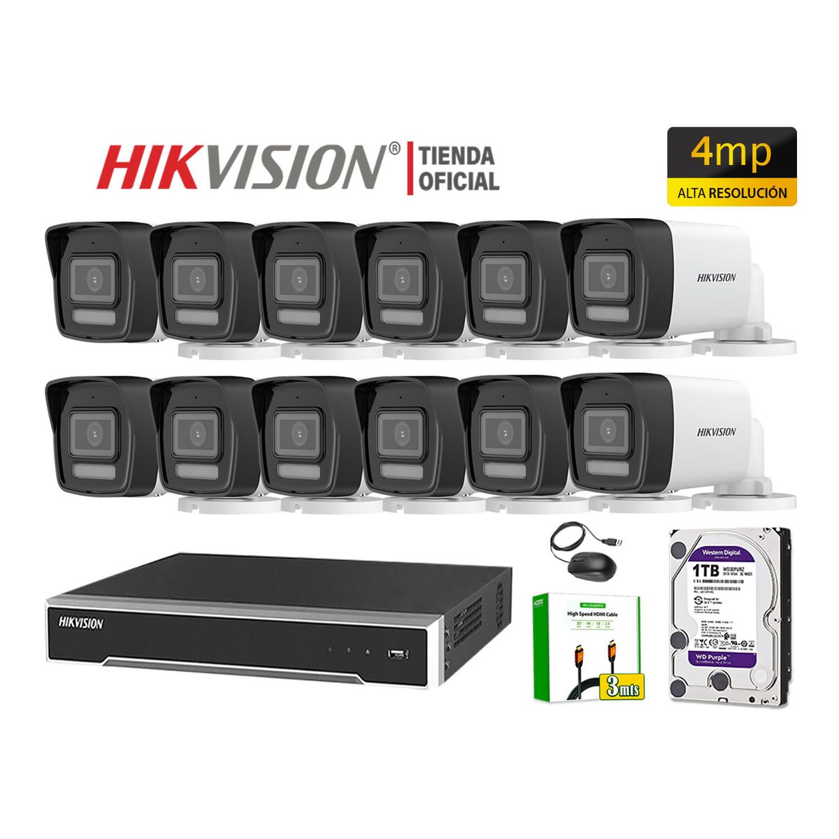 HIKVISION - Kit 12 Cámara Seguridad IP POE Hikvision 4MP Tubo Luz Inteligente Audio Incorporado 1TB
