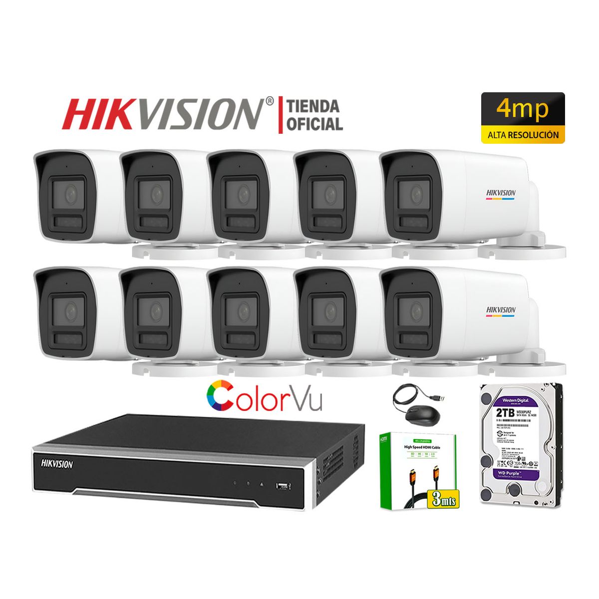 HIKVISION - Kit 10 Cámara Seguridad IP POE Hikvision 4MP Tubo Color Vu Visión Noche Color Disco 2TB