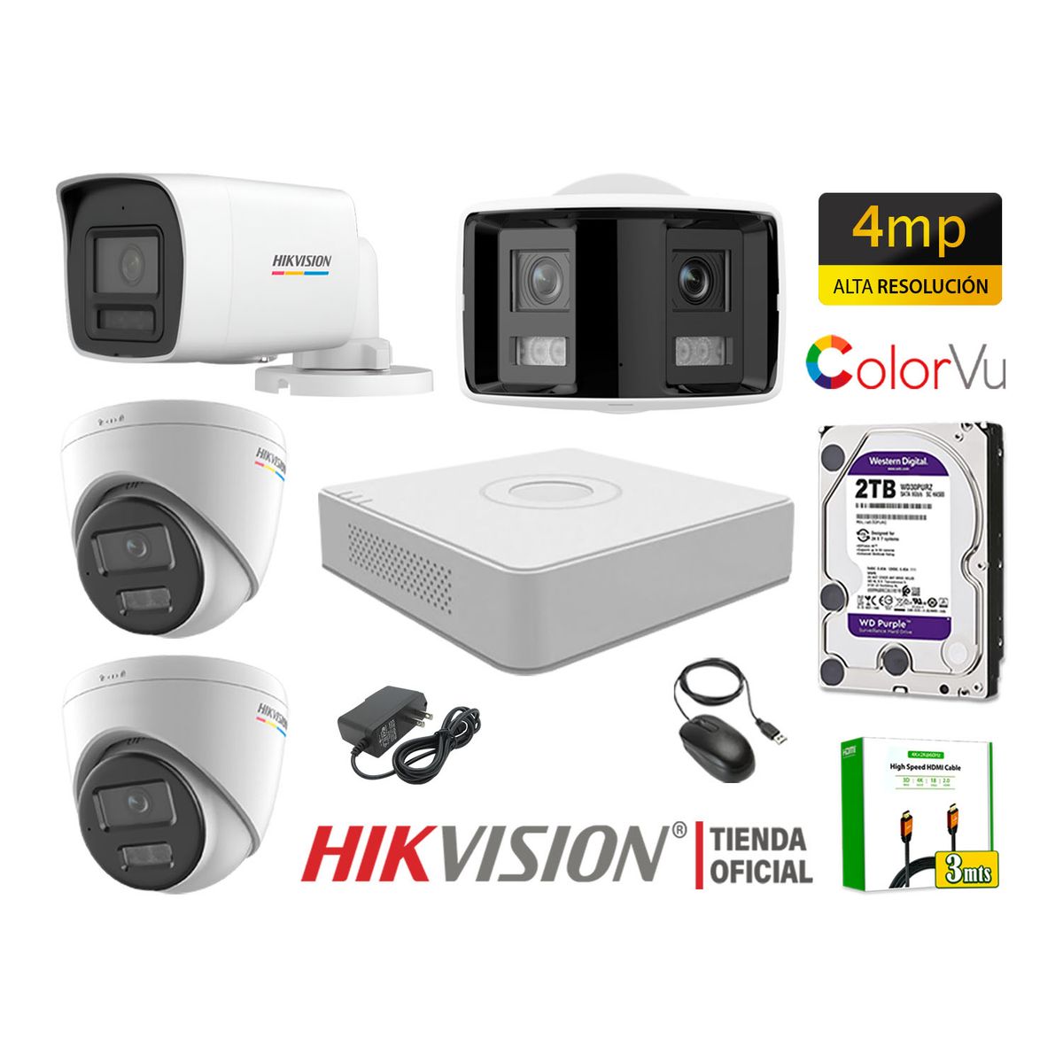 HIKVISION - Kit 4 Cámara Seguridad IP POE Hikvision 4MP ColorVu 1 Cámara Visión 360 Alarma Disco 2TB