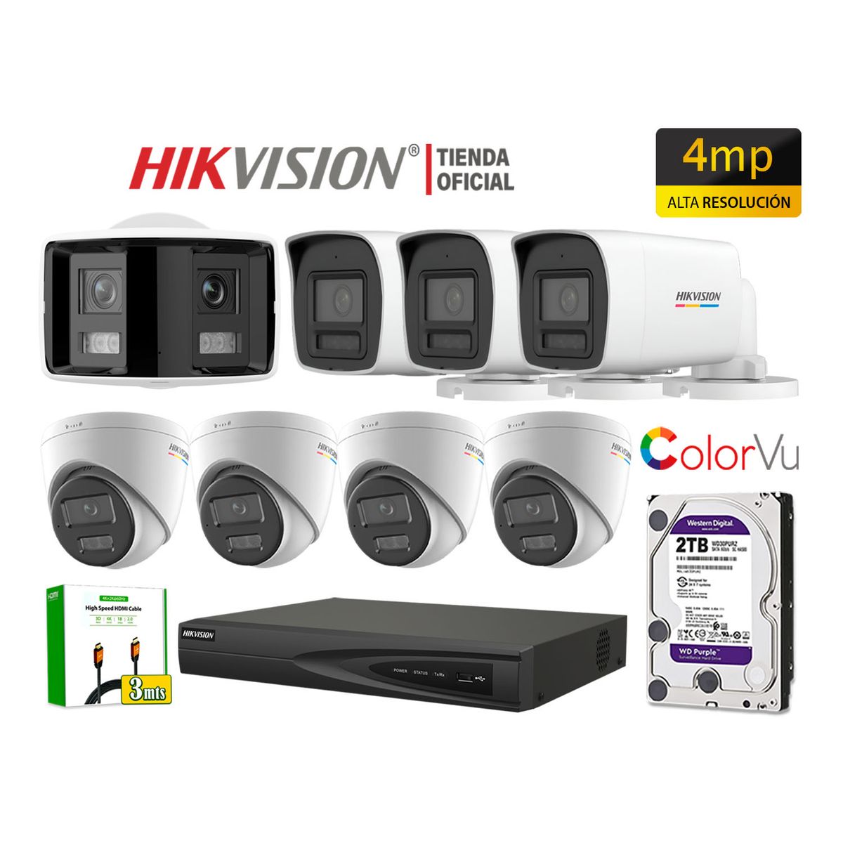 HIKVISION - Kit 8 Cámara Seguridad IP POE Hikvision 4MP ColorVu 1 Cámara Visión 360 Alarma Disco 2TB
