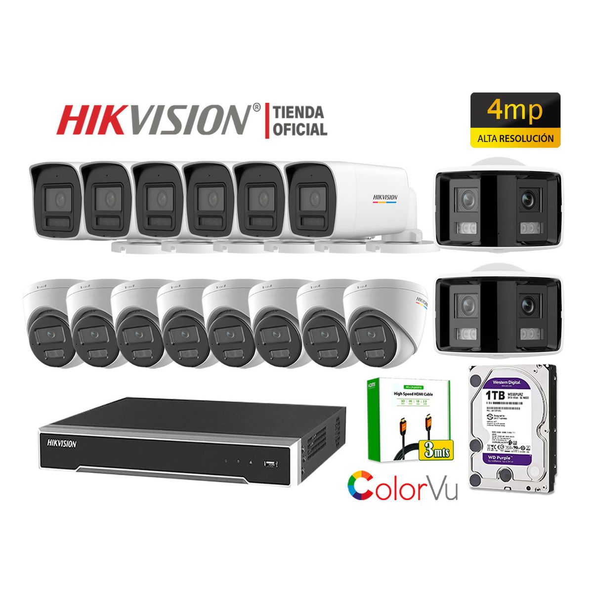 HIKVISION - Kit 16 Cámara Seguridad IP POE Hikvision 4MP ColorVu 2 Cámara Visión 360 Alarma Disco 1TB