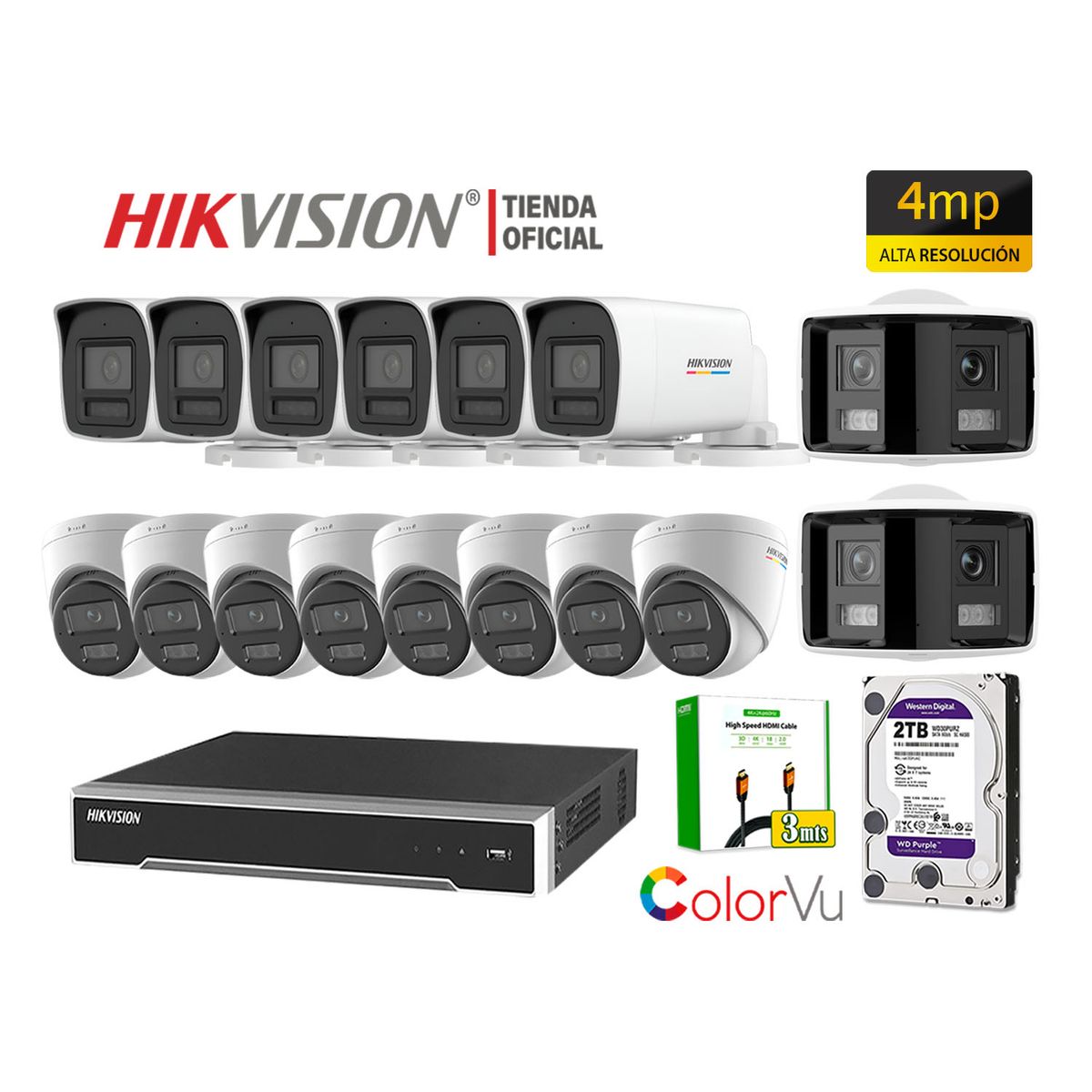 HIKVISION - Kit 16 Cámara Seguridad IP POE Hikvision 4MP ColorVu 2 Cámara Visión 360 Alarma Disco 2TB