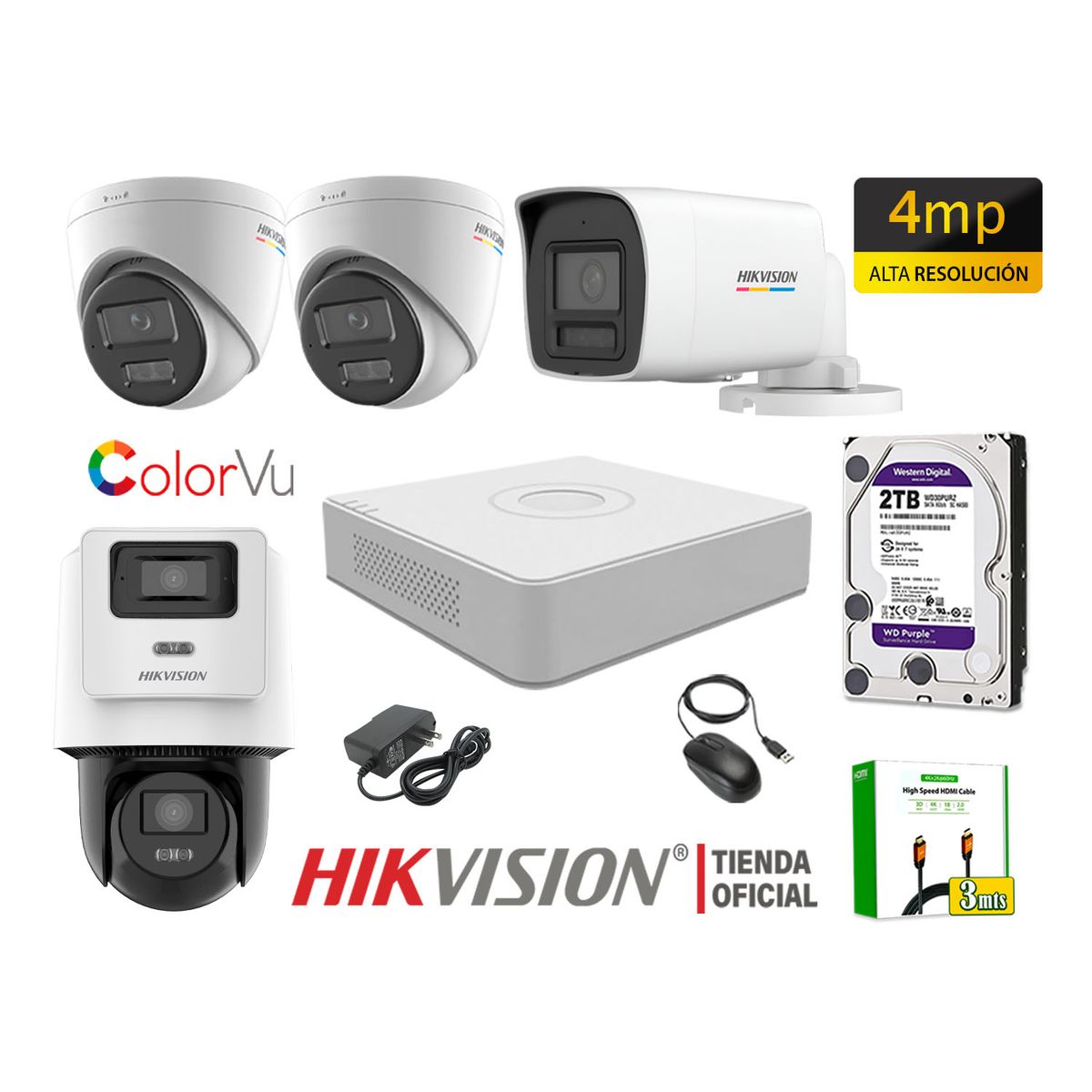 HIKVISION - Kit 4 Cámara Seguridad IP POE Hikvision 4MP ColorVu 1 Cámara PTZ Detección Vehículo 2TB
