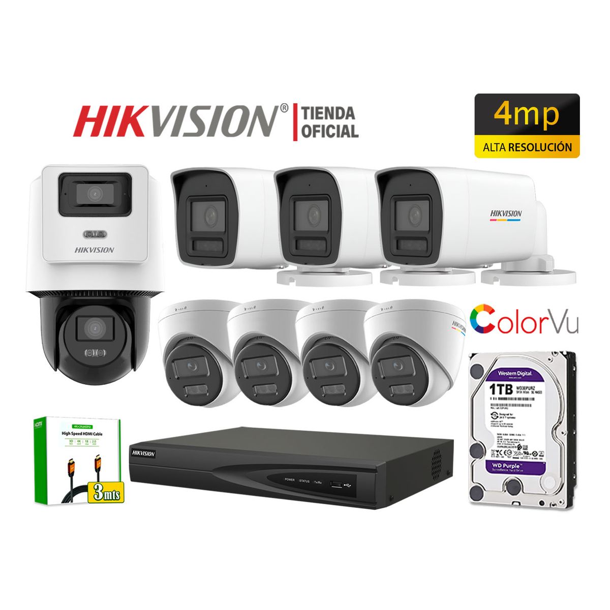 HIKVISION - Kit 8 Cámara Seguridad IP POE Hikvision 4MP ColorVu 1 Cámara PTZ Detección Vehículo 1TB