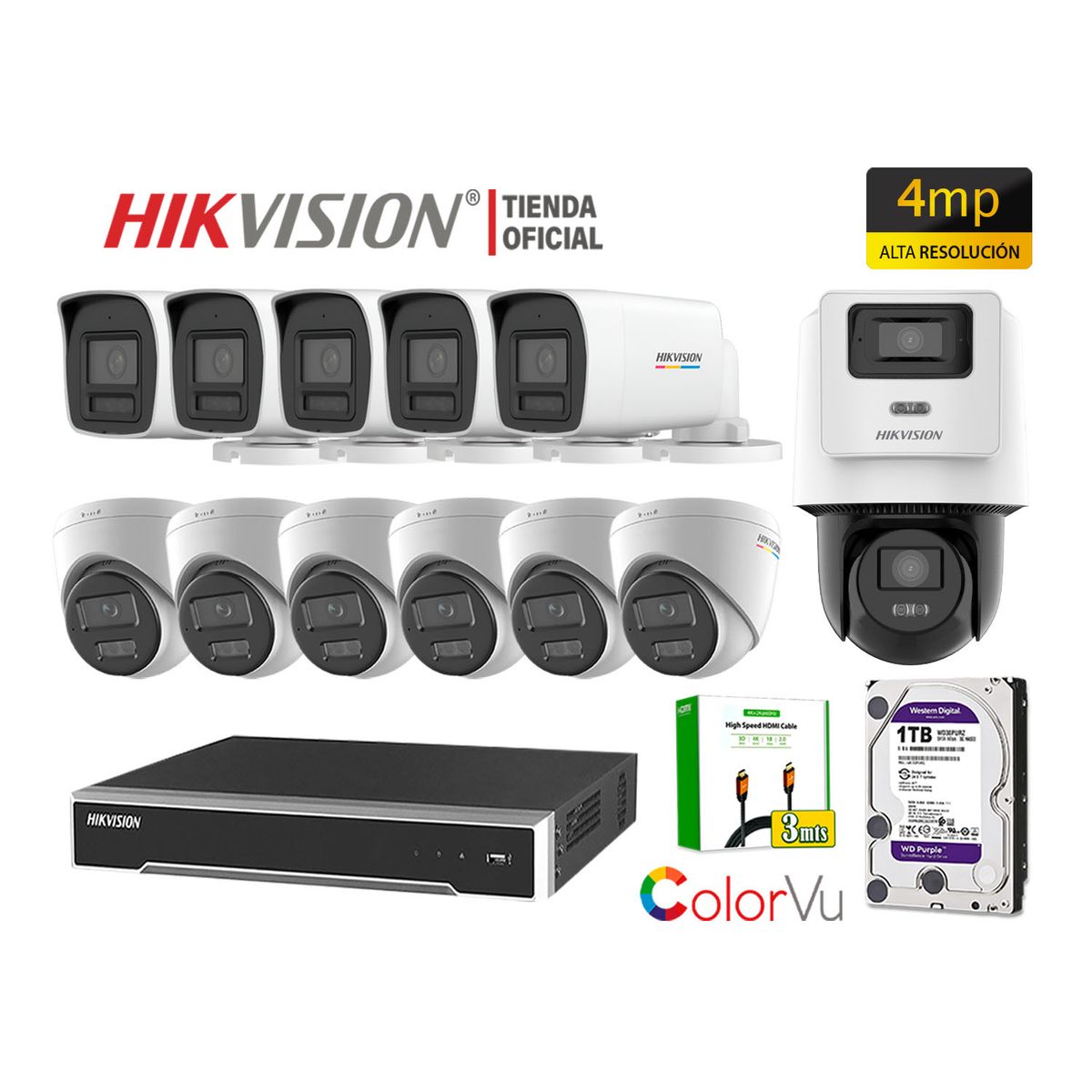 Hikvision - Kit 12 Cámara Seguridad IP POE Hikvision 4MP ColorVu 1 Cámara PTZ Detección Vehículo 1TB
