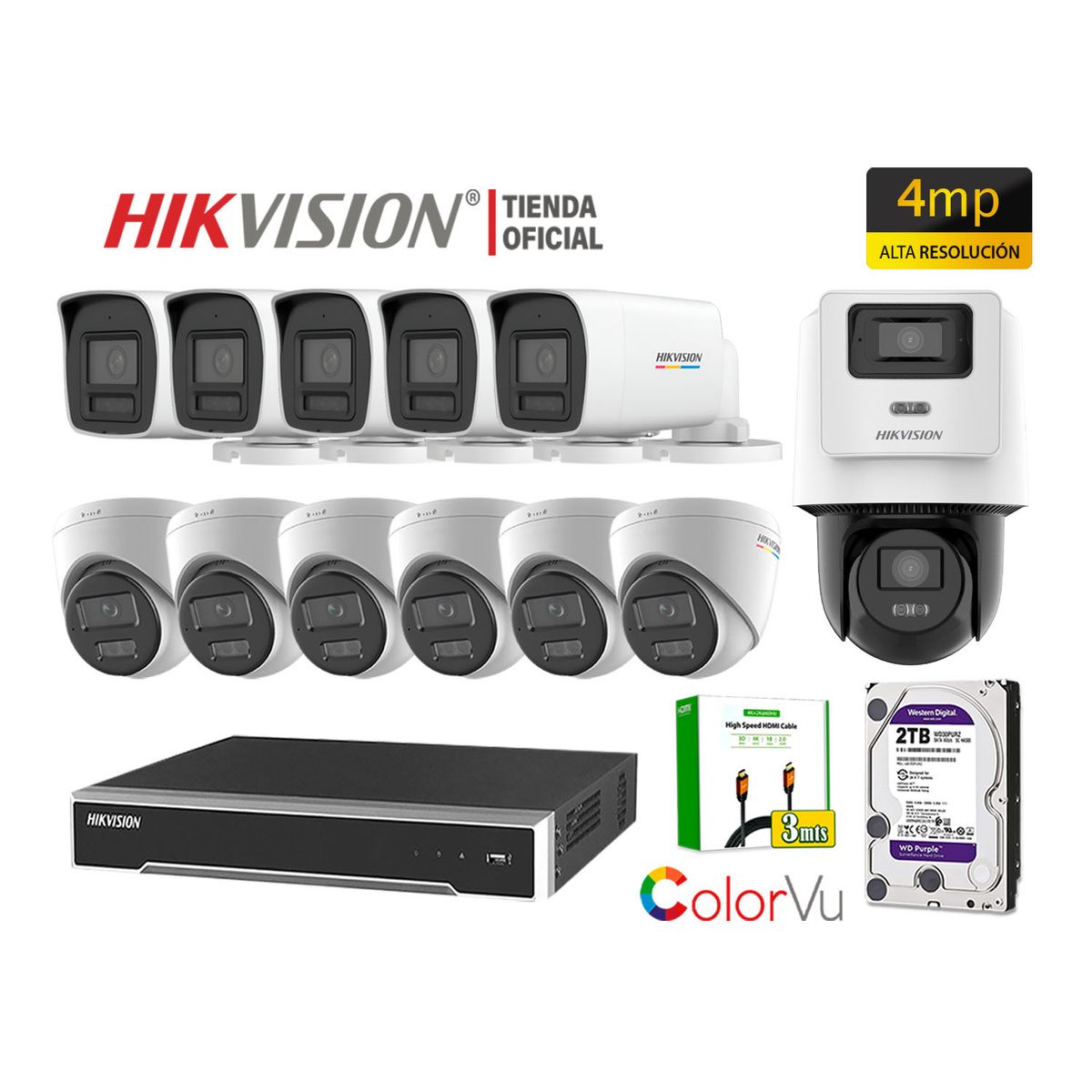 HIKVISION - Kit 12 Cámara Seguridad IP POE Hikvision 4MP ColorVu 1 Cámara PTZ Detección Vehículo 2TB