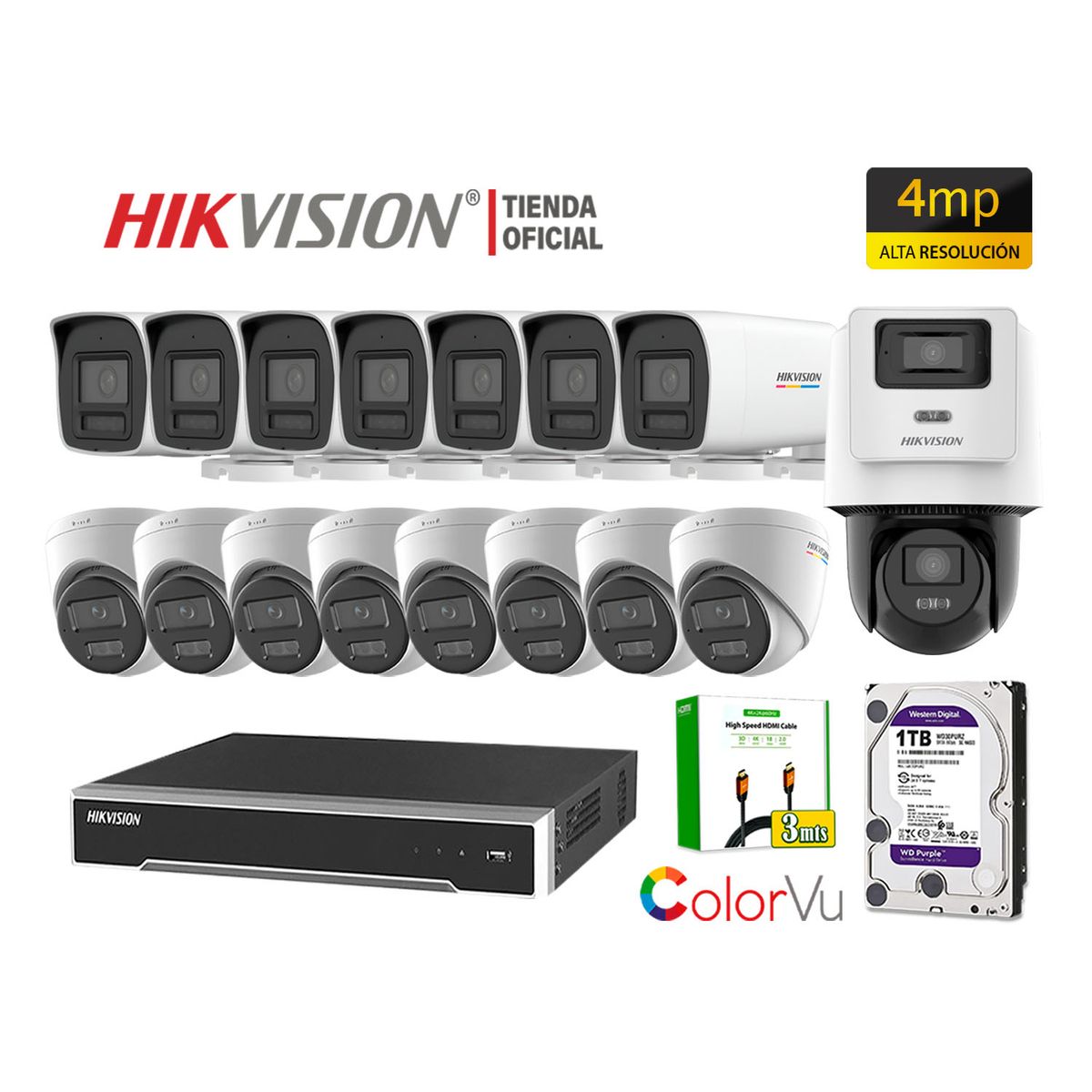 HIKVISION - Kit 16 Cámara Seguridad IP POE Hikvision 4MP ColorVu 1 Cámara PTZ Detección Vehículo 1TB