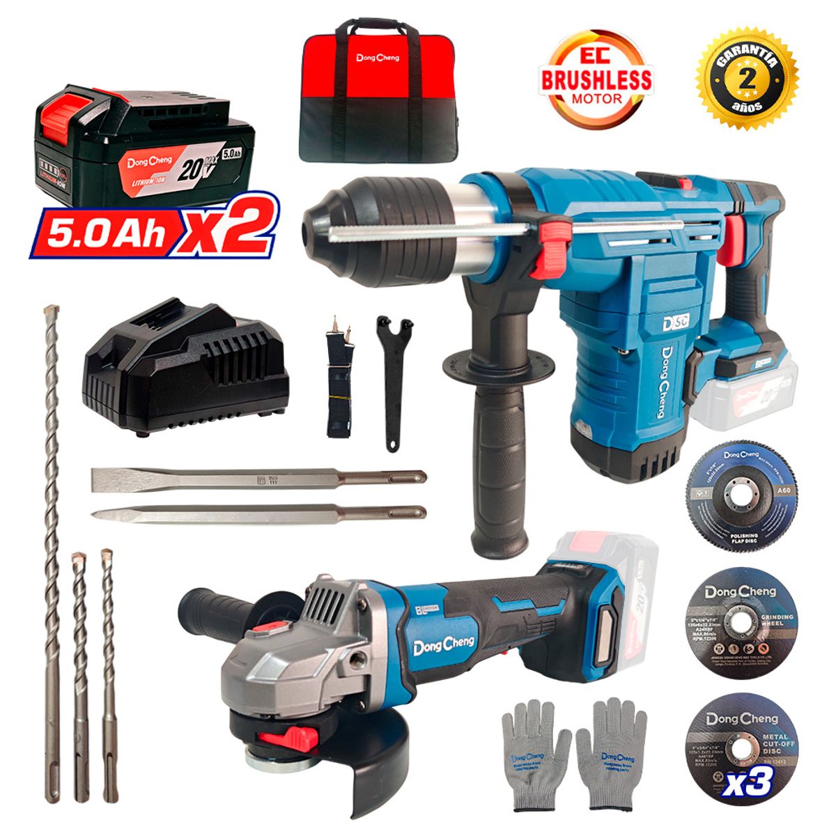 DONGCHENG - Combo Dongcheng Brushless Inalámbrico DCKIT59.02FK Rotomartillo SDS Plus 3.5J + Amoladora 5 3 Velocidades Hombre Muerto