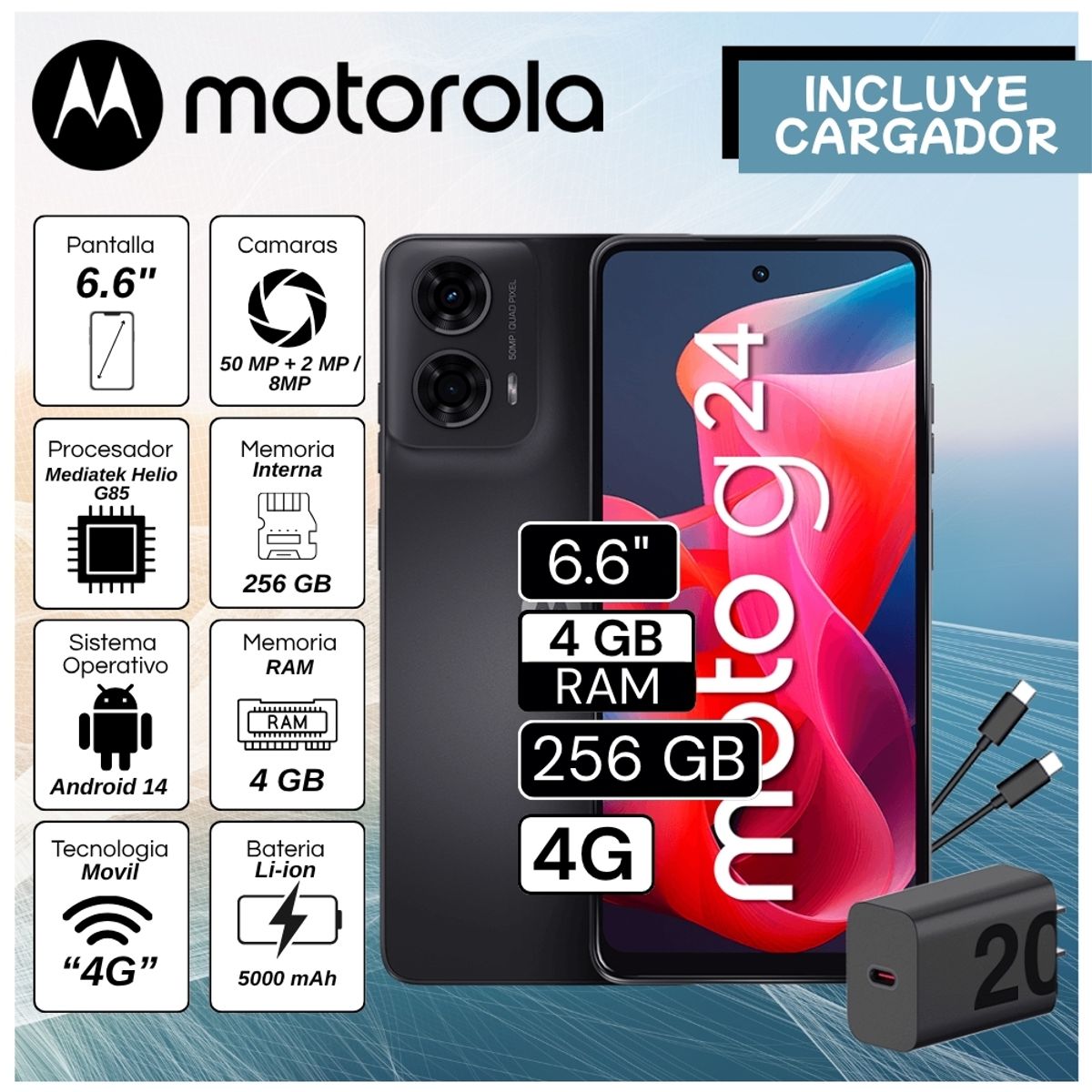 MOTOROLA - Celular Motorola G24 6.6"  Pulg. 4GB RAM 256GB Android 14 - Gris Acero