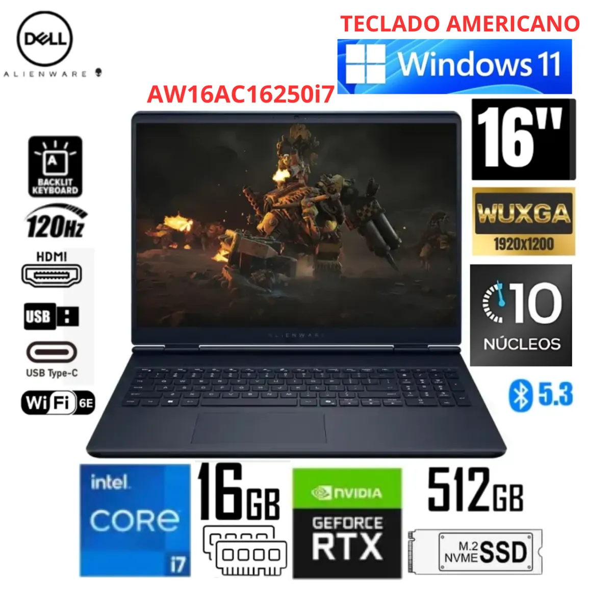 DELL - Laptop Dell ALIENWARE 16 Aurora Intel Core 7 240H 16GB DDR5 RAM 512GB SSD RTX 5050-8GB 16" WQXGA