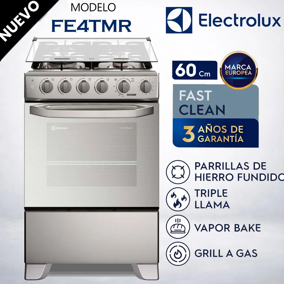 ELECTROLUX - Cocina Gas 4 Hornillas VaporBake,Triple Llama, Grill 60cm FE4TMR
