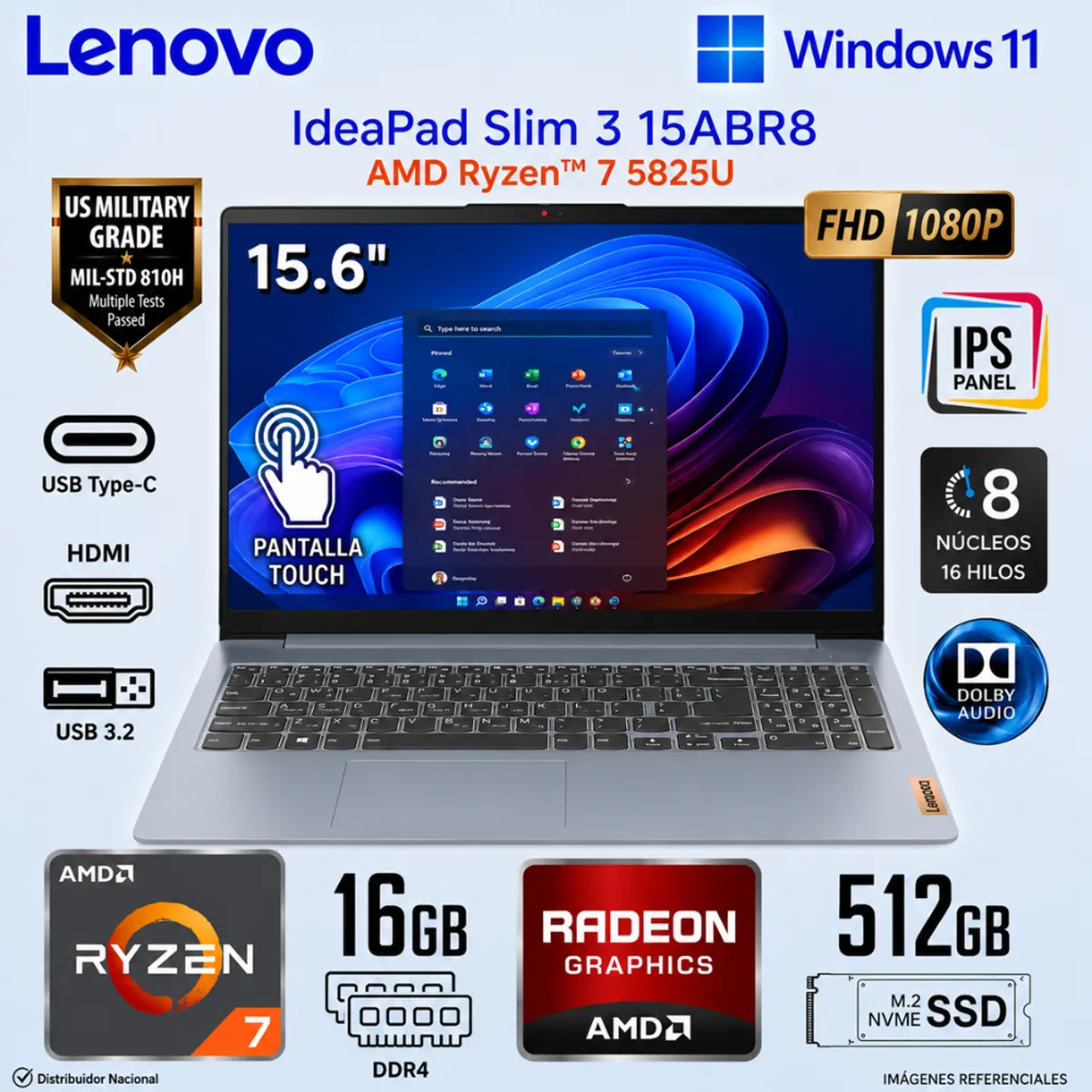 LENOVO - LENOVO IDEAPAD SLIM 3 15ABR8  AMD RYZEN 7 5825U 512GB SSD 16GB 15.6 FHD  WIN 11 - 82XM00LMUS