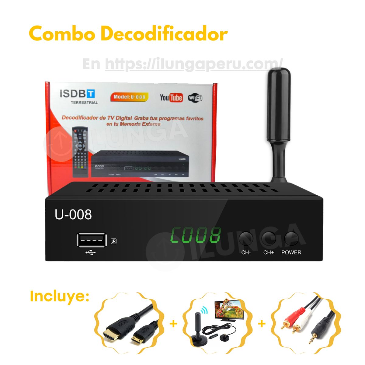 GENERICO - Decodificador Sintonizador Digital Tv Full Hd + ANTENA HD +ACCESORIOS