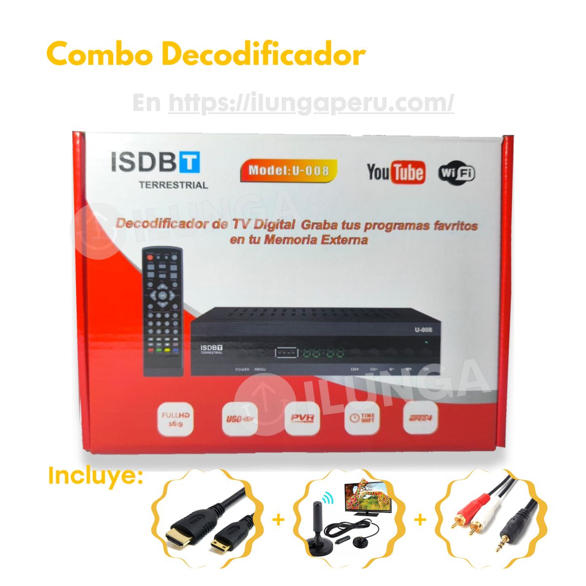GENERICO - Decodificador Sintonizador Digital Tv Full Hd + ANTENA HD +ACCESORIOS