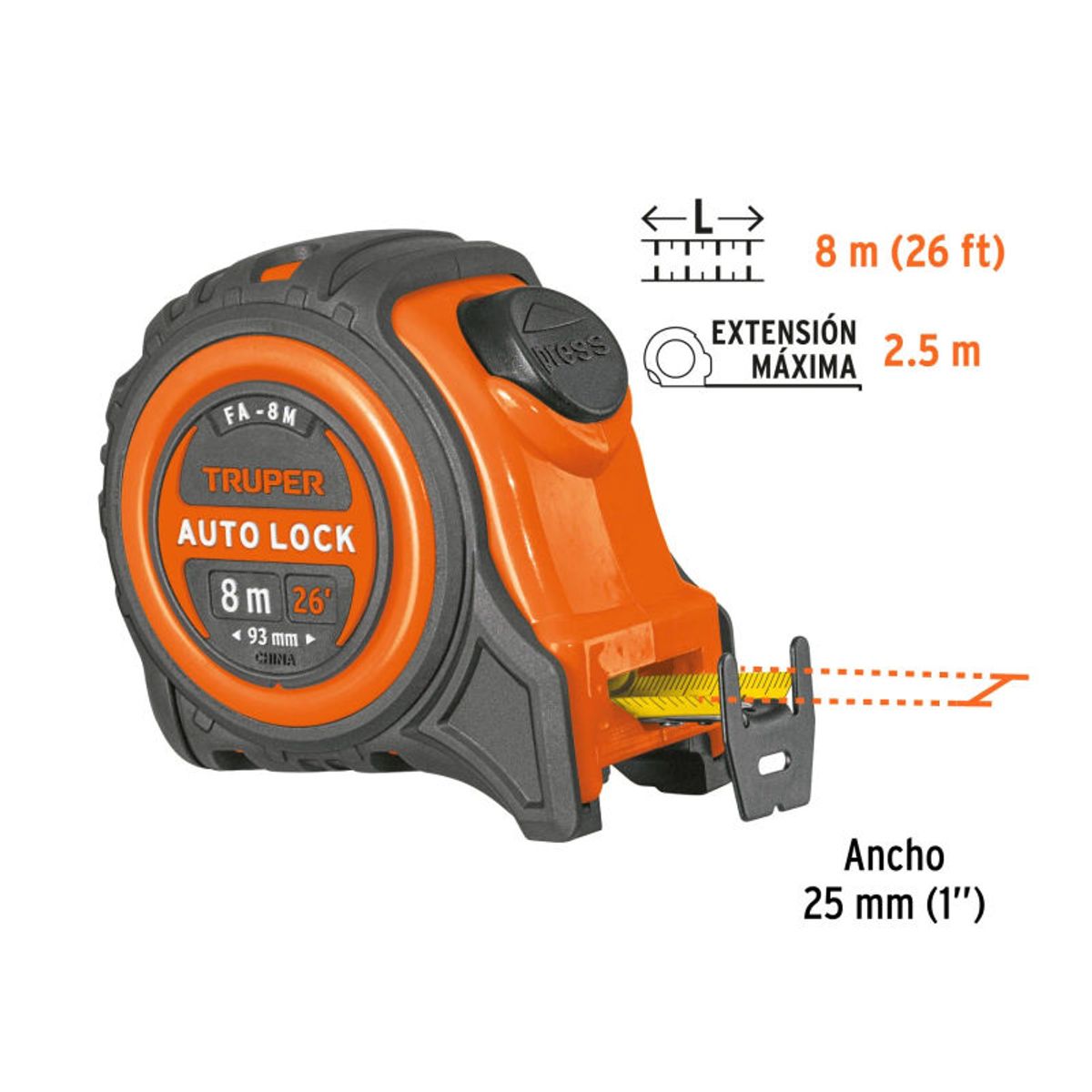 TRUPER - Cinta Metrica Wincha contra impactos 8 m cinta 25 mm TRUPER - 10749