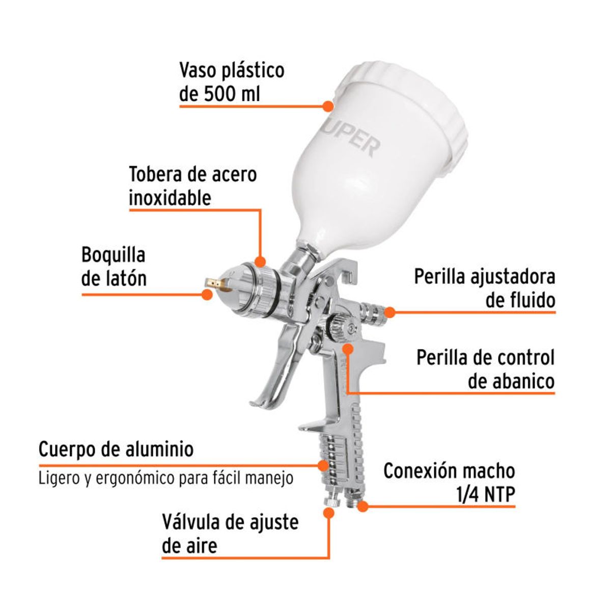 TRUPER - Pistola ppintar gravedad HVLP vaso plástico, 1.7 mm, TRUPER - 12129