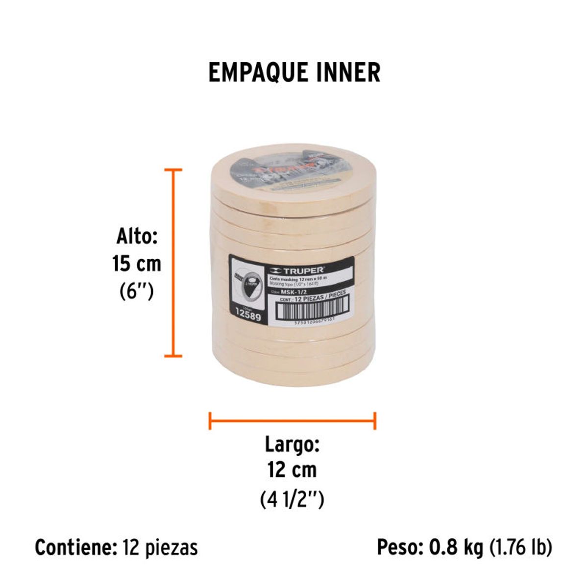 TRUPER - Paquete de 12 und de Cinta masking tape de 12 x 50 m, TRUPER - 12589-12