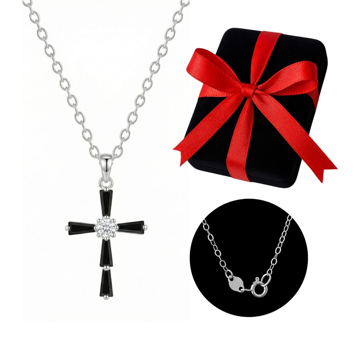 KARMY - Collar Unisex Cruz Joya Plata 925 Circonita Negra Regalo