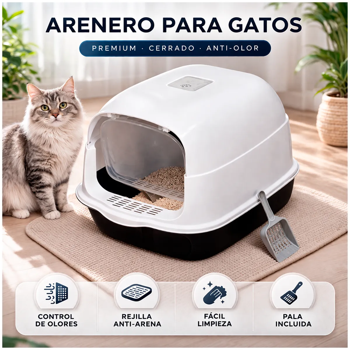 Arenero para Gato Cerrado con Tapa y Pala Caja de Arena Antiodor Ventilada 2 en 1 Grande, marca GENERICO - Foto Principal