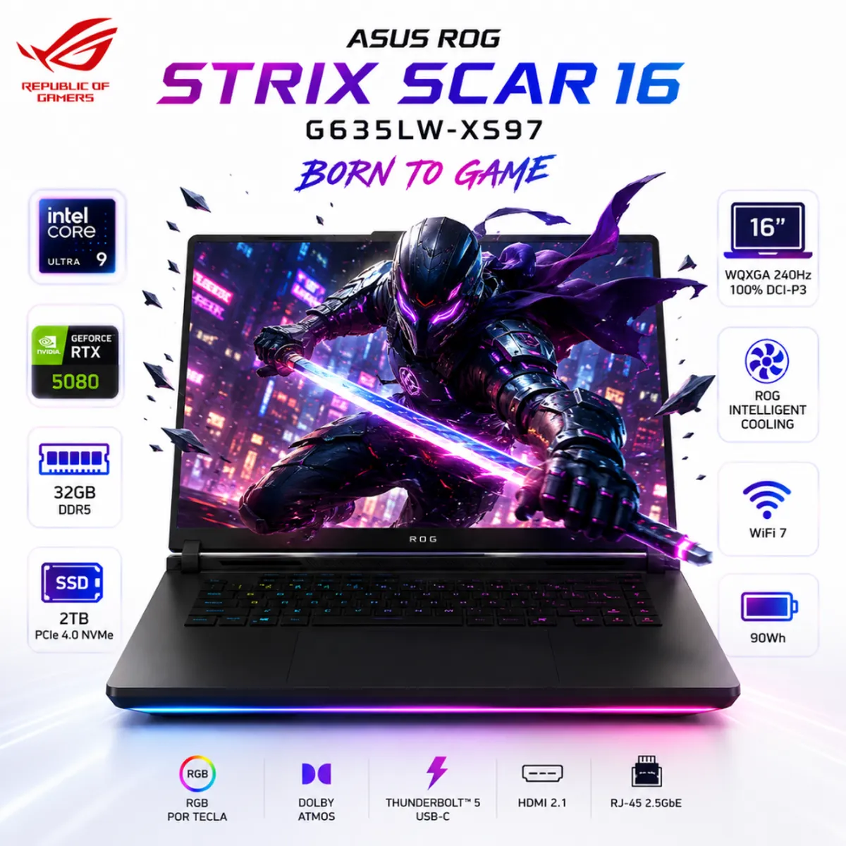 ASUS - Laptop ASUS ROG SCAR 16 Core Ultra 9, RTX 5080 16GB, 32GB RAM, 2TB SSD, 16" OLED W11PRO  G635LW-XS97