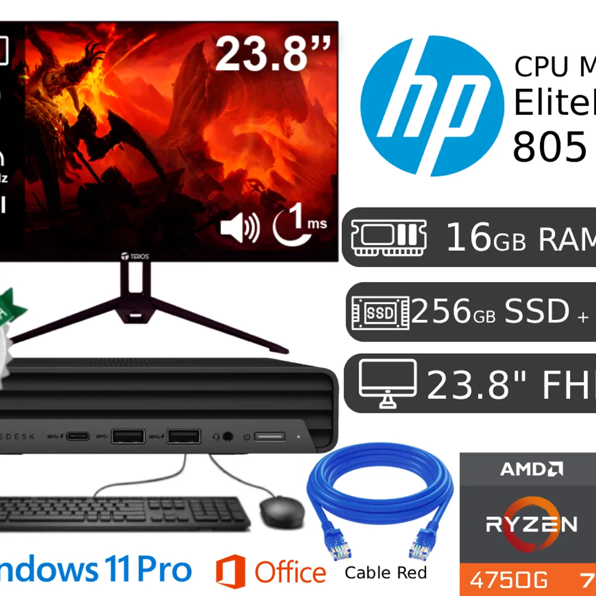 HP - CPU Mini Hp 805 G6 AMD Ryzen 7 PRO 16GB RAM 256GB SSD Reacondicionada + 500GB HDD + Monitor Nuevo 23.8