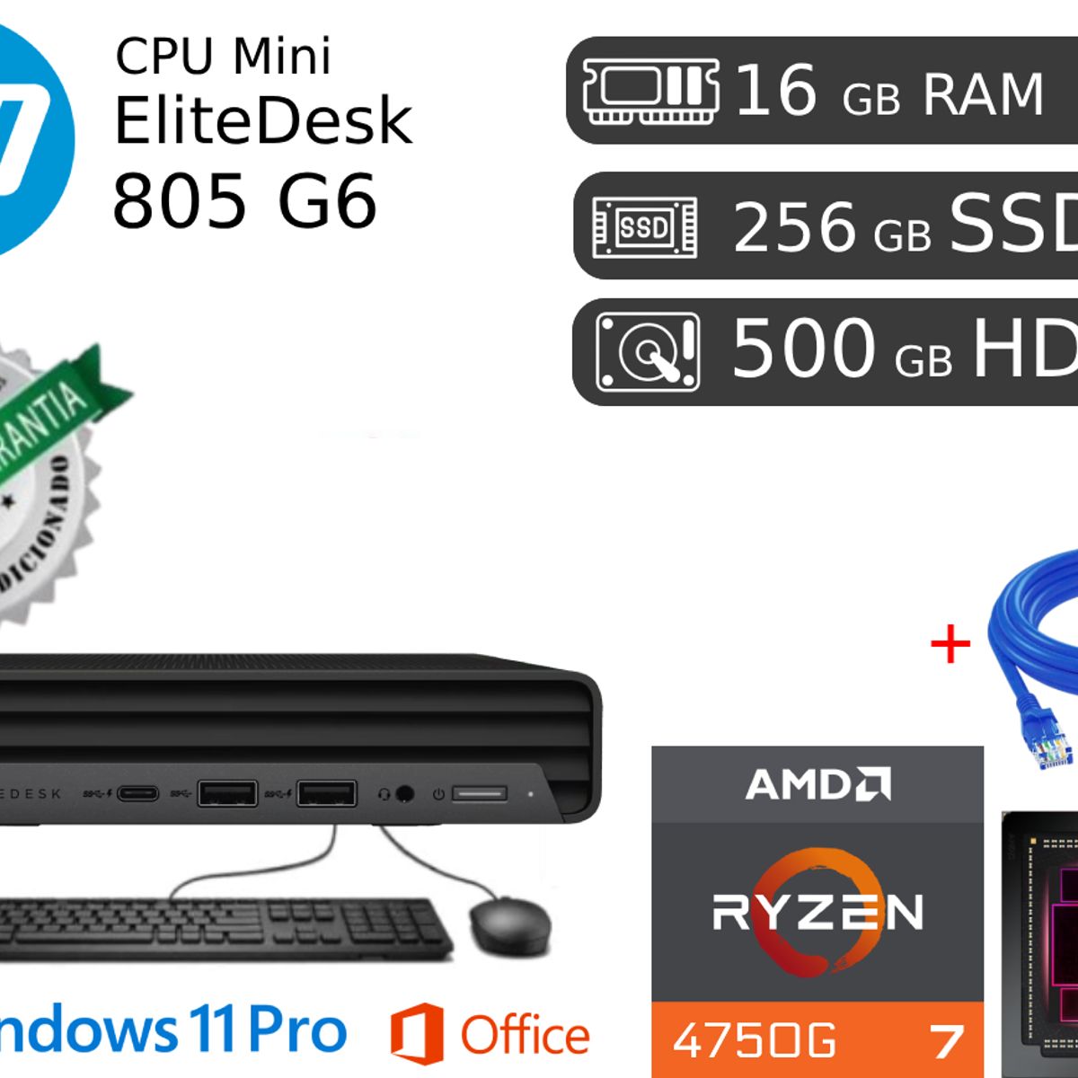 HP - EliteDesk Mini 805 G6 Ryzen 7 16GB RAM 256GB SSD 500GB HDD Reacondicionada Empresarial HDMI DP