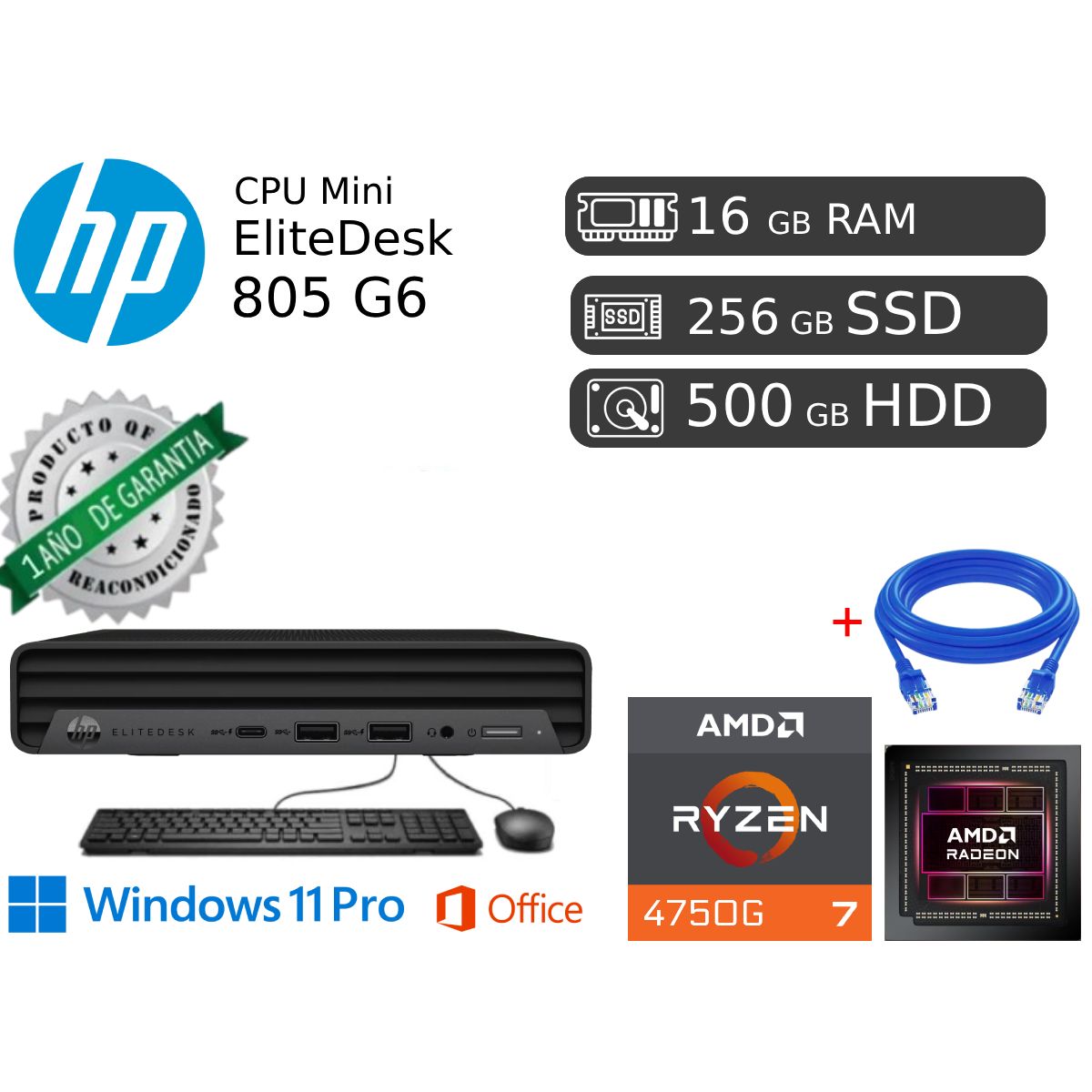 HP - EliteDesk Mini 805 G6 Ryzen 7 16GB RAM 256GB SSD 500GB HDD Reacondicionada Empresarial HDMI DP