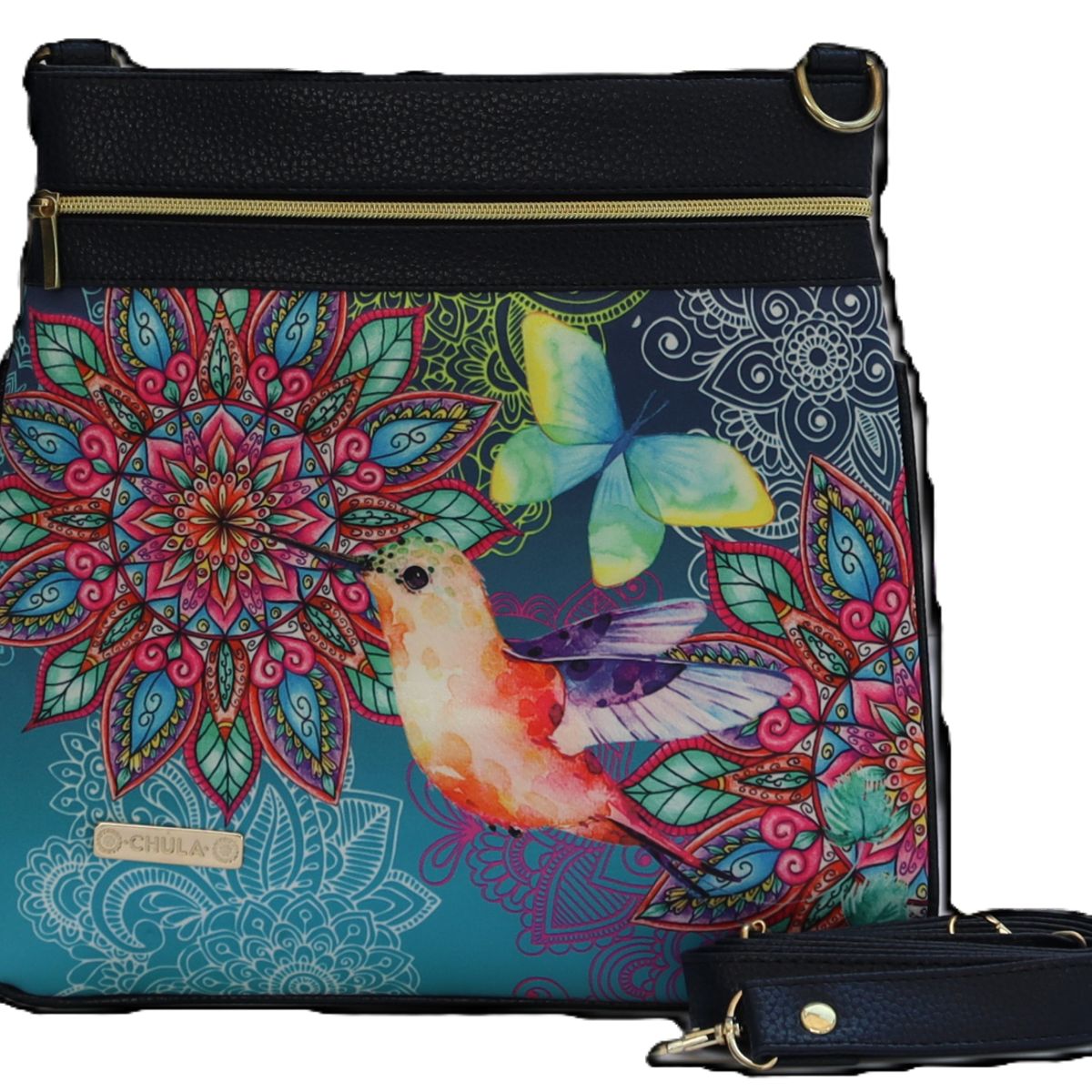 CHULA TULUM - CARTERA MODELO BANDOLERA LIA CON ESTAMPADO COLIBRI MANDALA ROSA