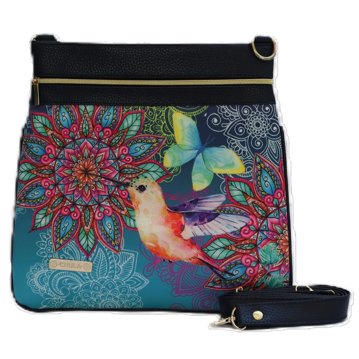 CHULA TULUM - CARTERA MODELO BANDOLERA LIA CON ESTAMPADO COLIBRI MANDALA ROSA