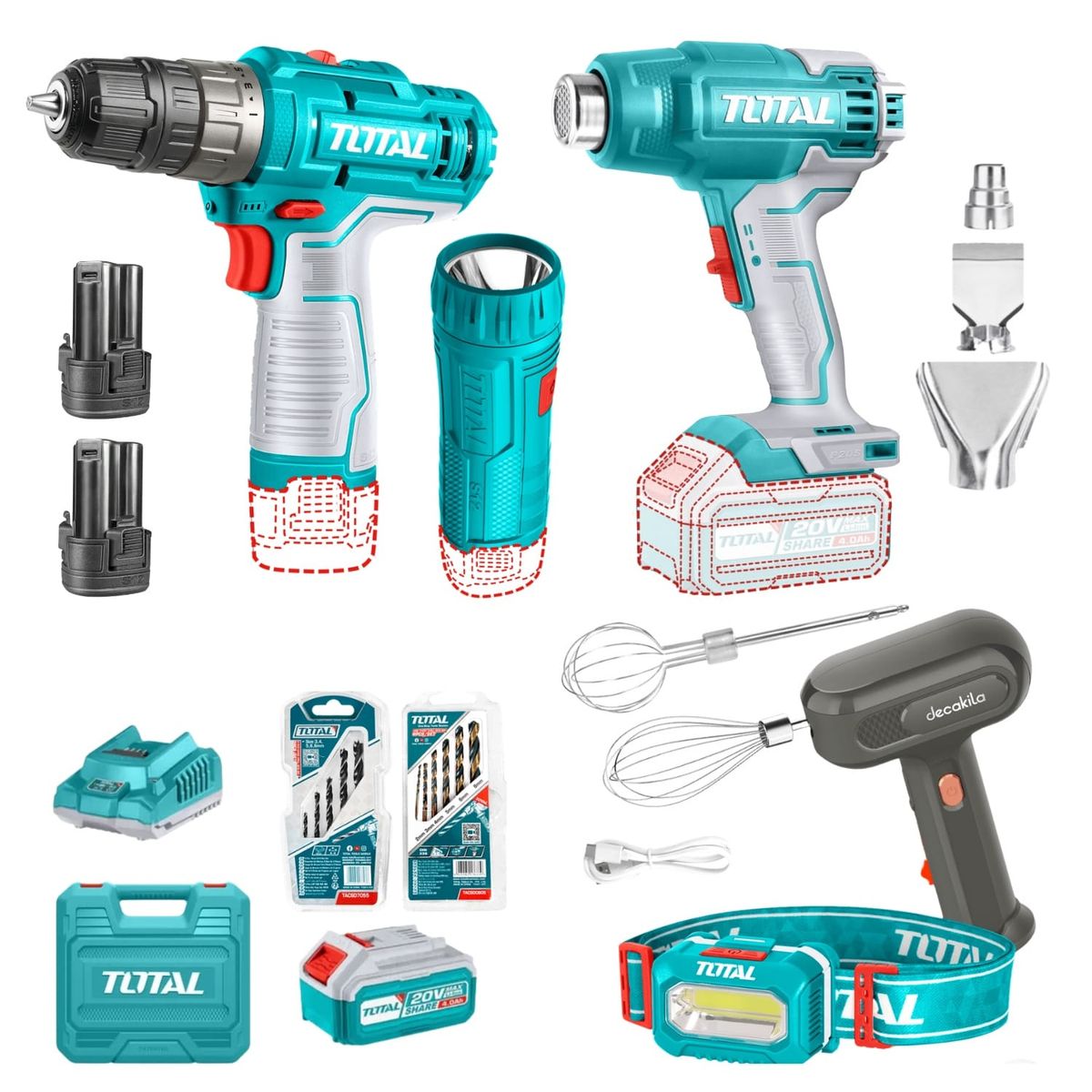TOTAL TOOLS - Pistola de calor 20v + Taladro 12v Total
