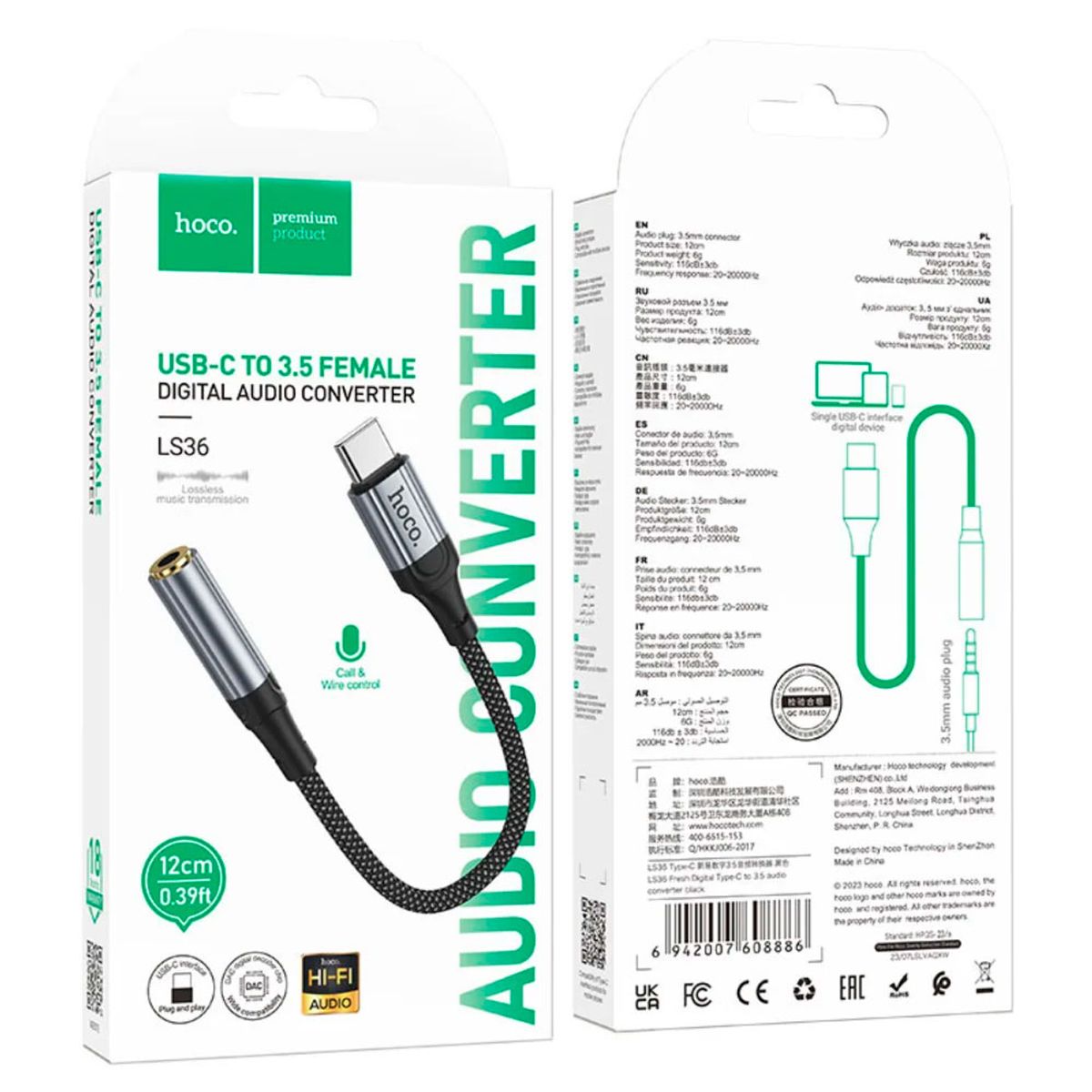 HOCO - Adaptador Audio Hoco Ls36 Tipo C A Jack 3.5mm Digital Dac