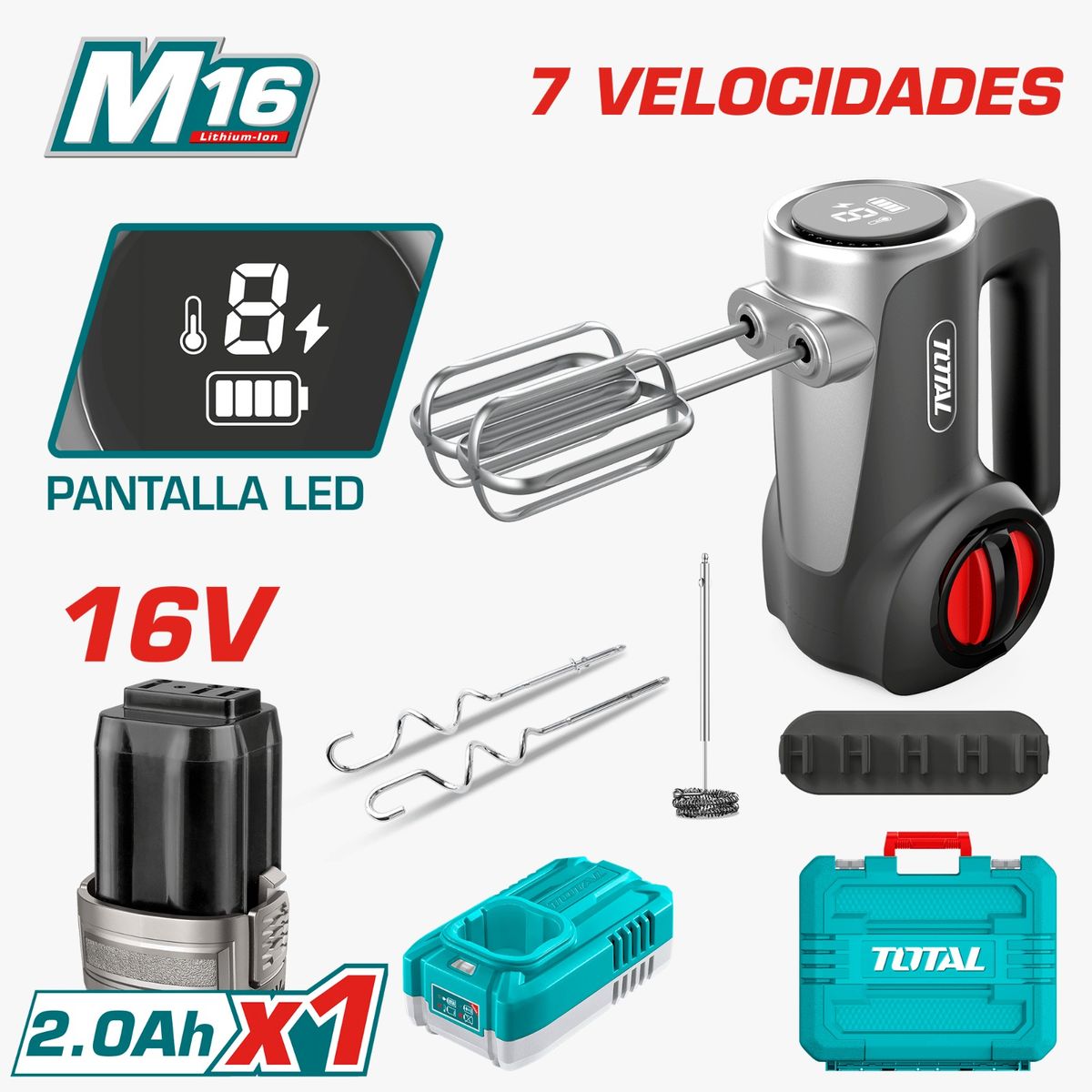 TOTAL - SET BATIDORA DE MANO 16V DISPLAY LED 1X2.0AH + MALETN