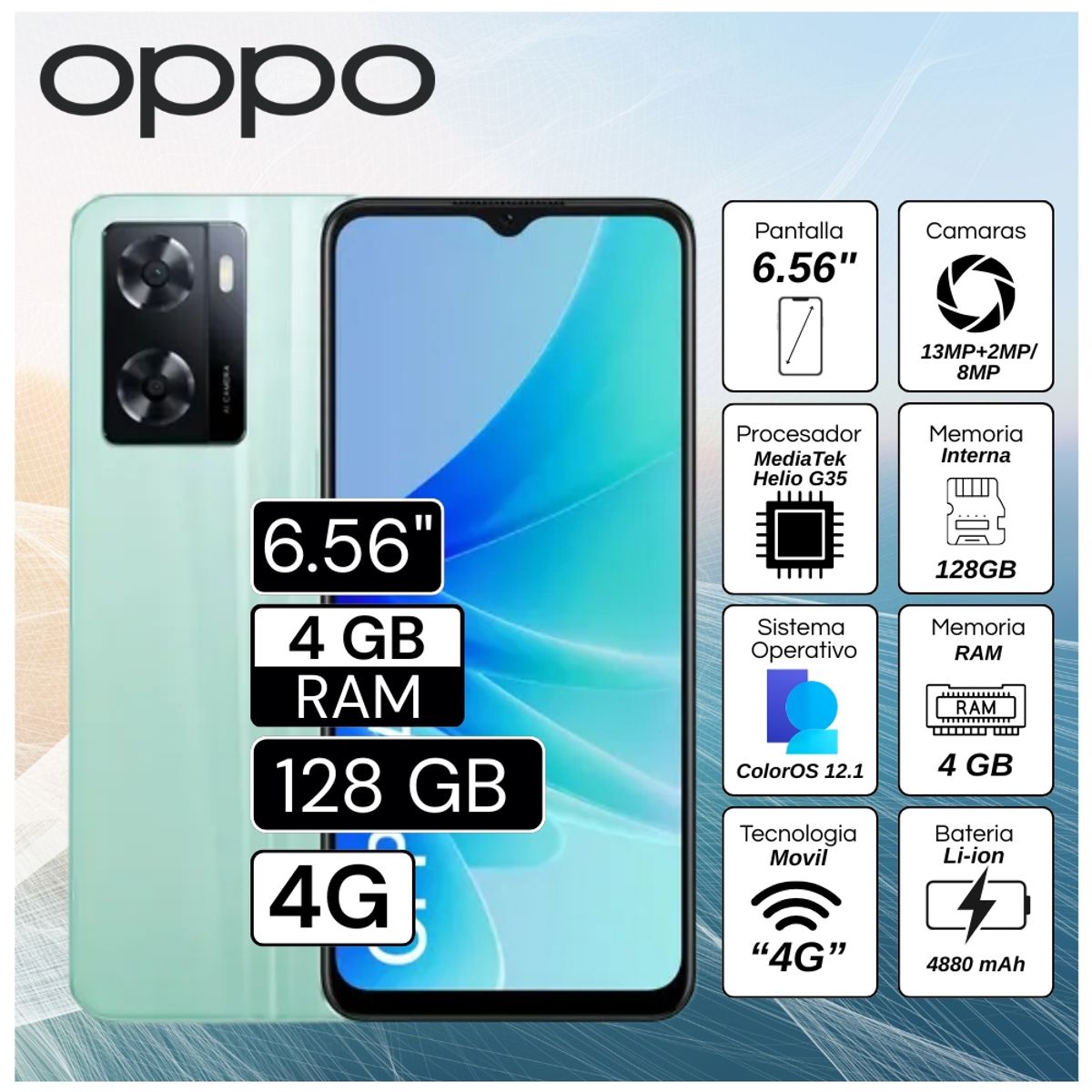 OPPO - Celular Oppo A57 6.56"  Pulg. 4GB RAM 128GB ColorOS 12.1 - Verde