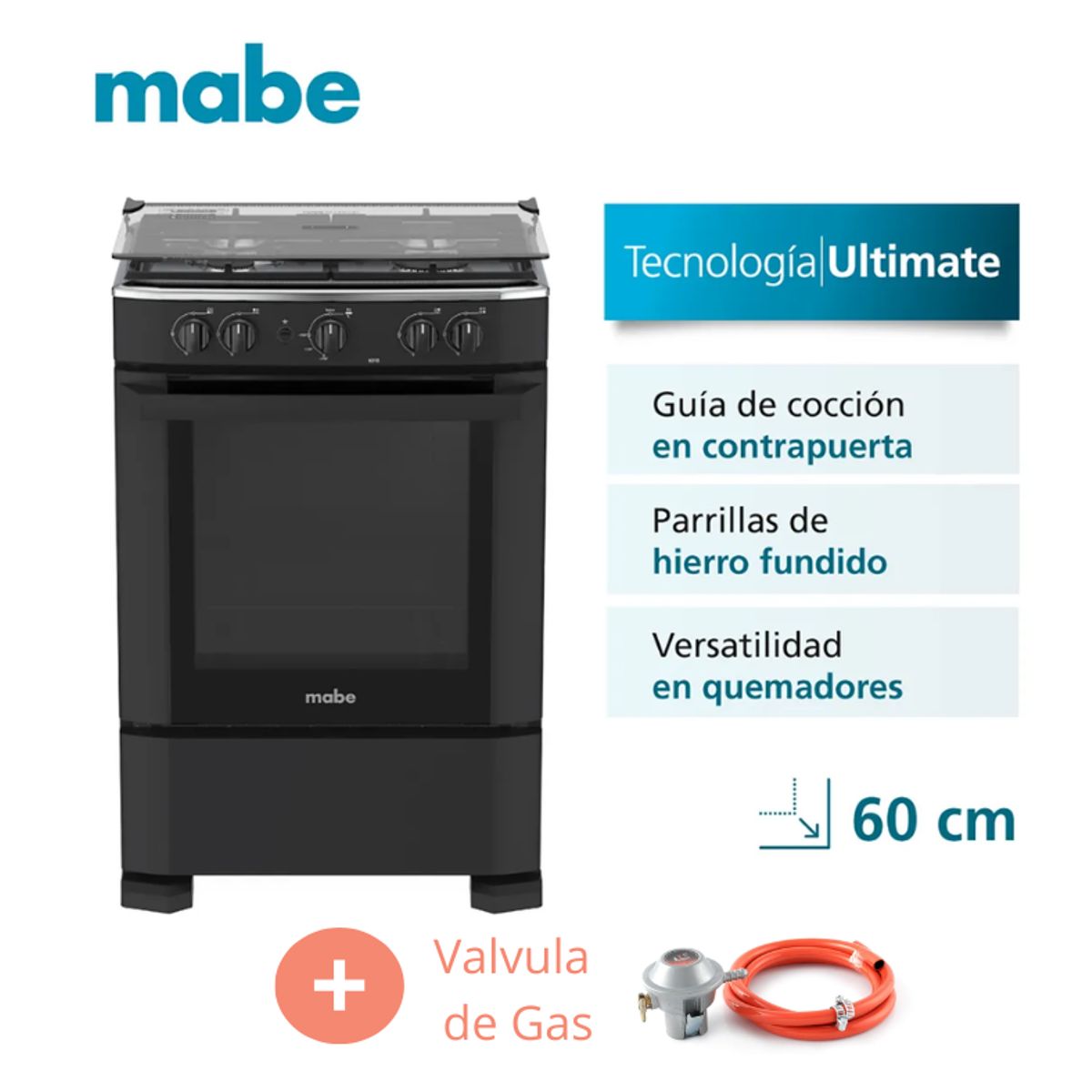 MABE - Cocina De Piso A Gas 60cm Negro Mabe Cmp6010fn0 + Válvula de Gas