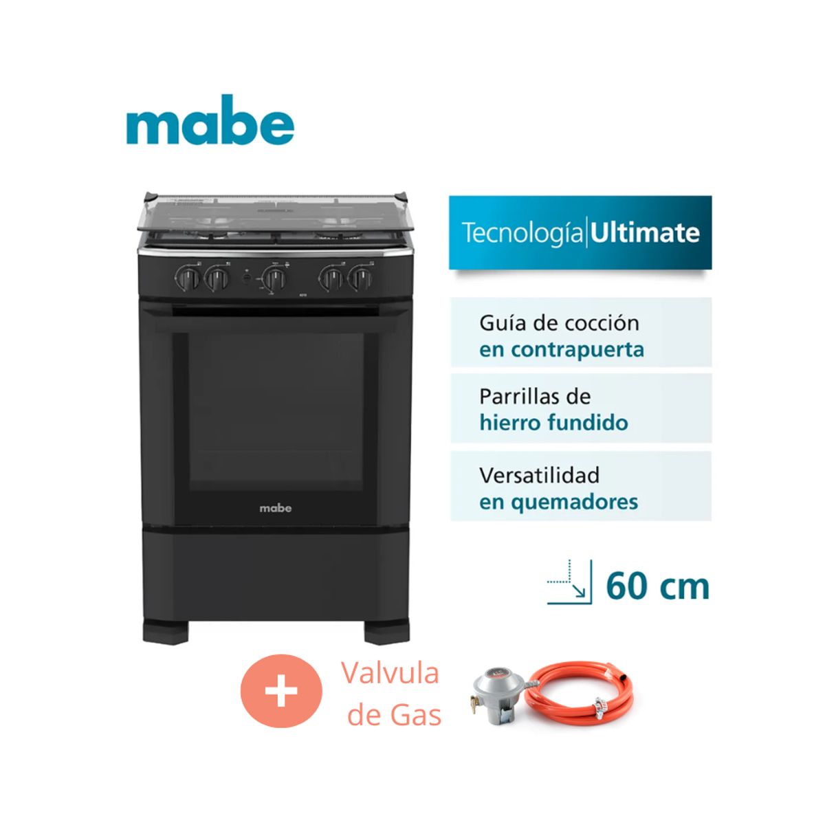 MABE - Cocina De Piso A Gas 60cm Negro Mabe Cmp6010fn0 + Válvula de Gas