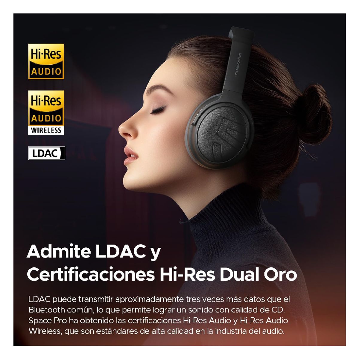 SOUNDPEATS - Soundpeats Space Pro Audífonos Over-Ear Bluetooth Hi-Res LDAC con ANC Híbrido y 151H de Batería