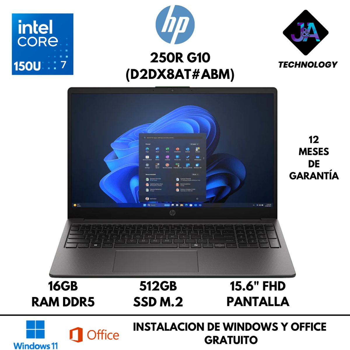 HP - LAPTOP HP 250R G10 CORE 7 150U 16GB RAM DDR5 512GB SSD 15.6" FHD FREEDOS