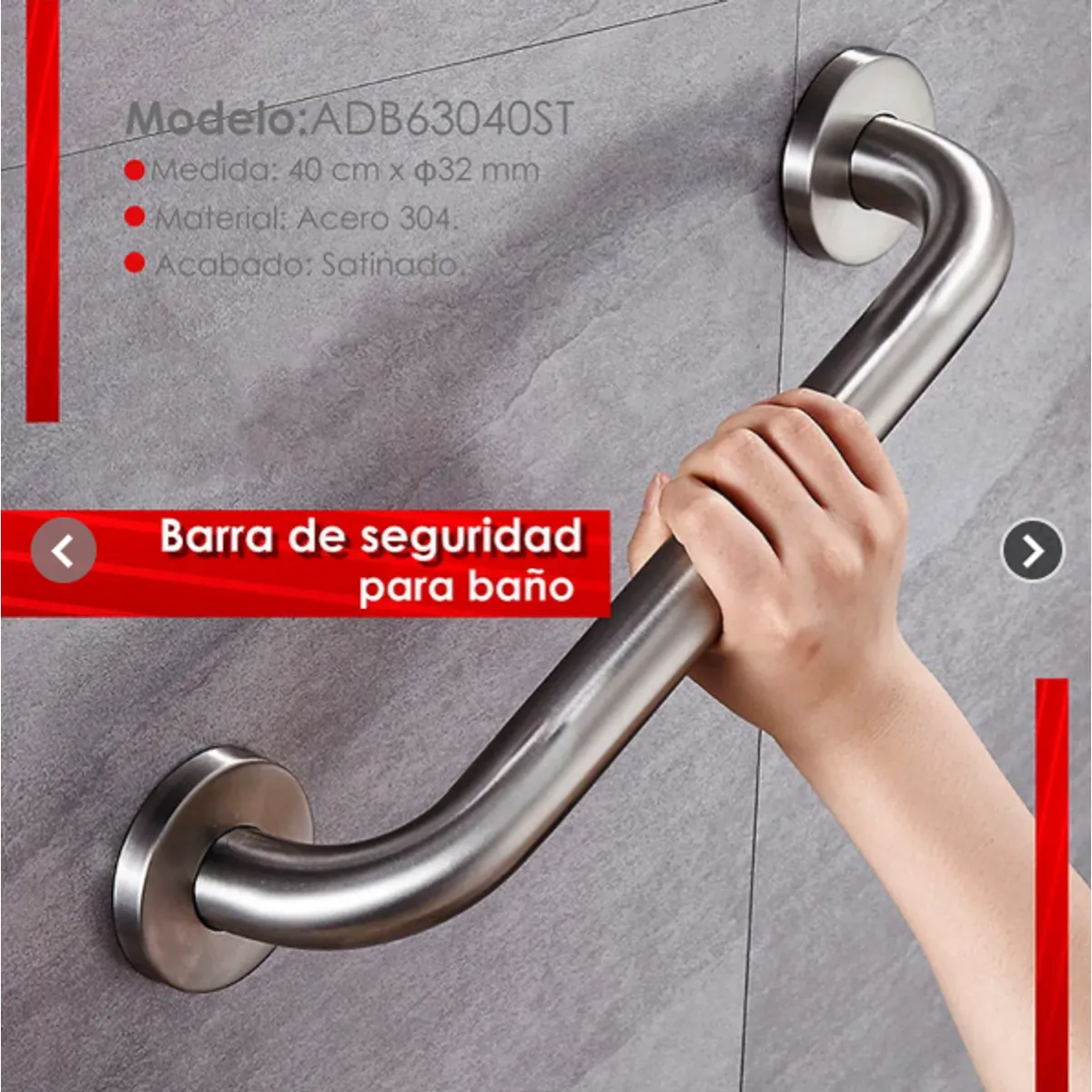 BARRA DE SEGURIDAD PARA BAÑO SATINADO 40 CM ADB63040ST, marca XM - Foto Principal