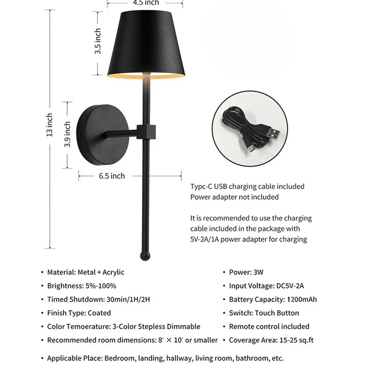DANWEILE - Luces de pared LED modernas 2P, Control remoto, carga USB regulable Negro