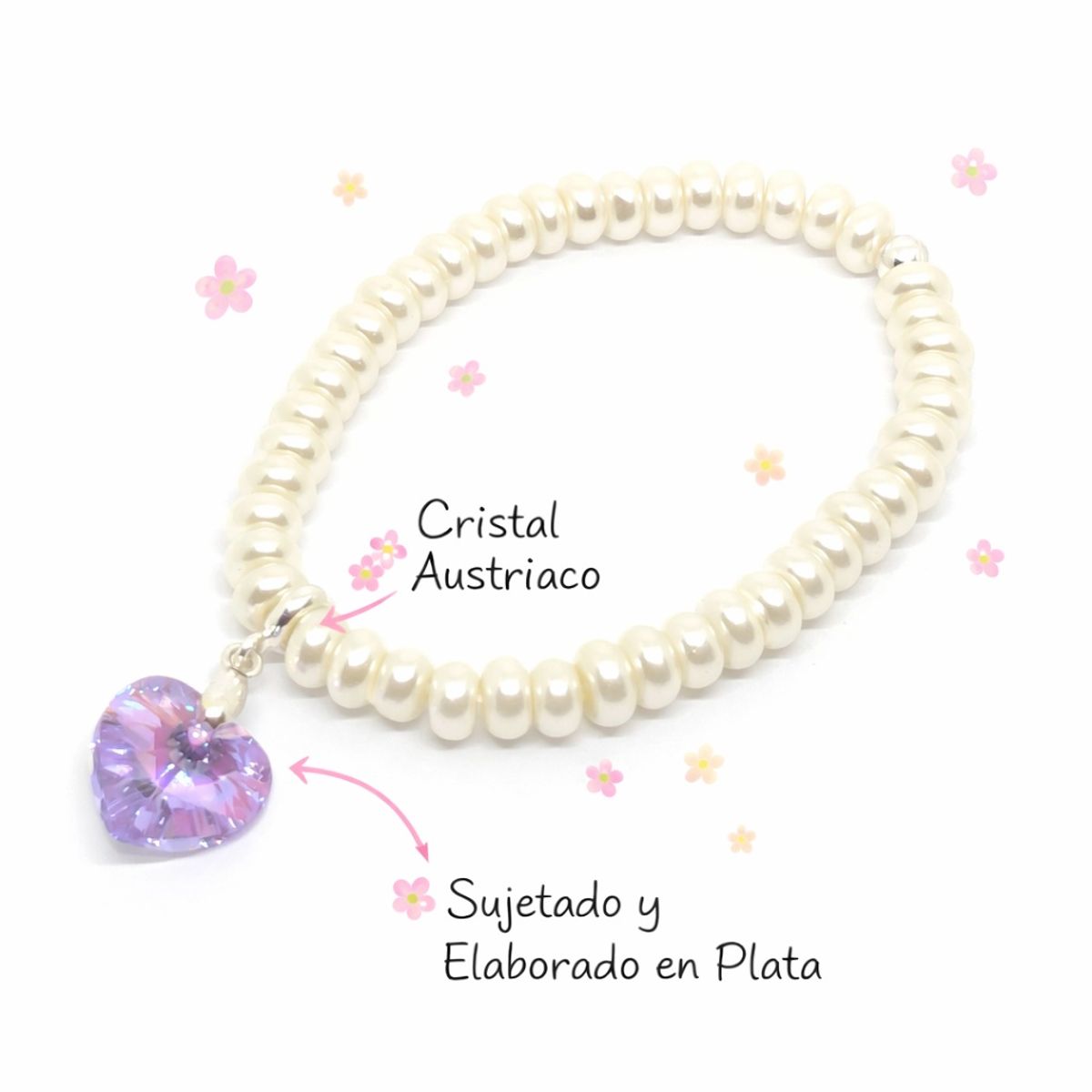 FERNANDA ROMERO JOYAS Y ACCESORIOS - Pulsera de Perlas con Corazón de Cristal Austriaco Lila y Plata  Amor propio, Luz y Elegancia
