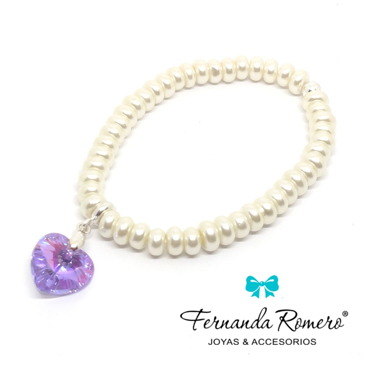 FERNANDA ROMERO JOYAS Y ACCESORIOS - Pulsera de Perlas con Corazón de Cristal Austriaco Lila y Plata  Amor propio, Luz y Elegancia