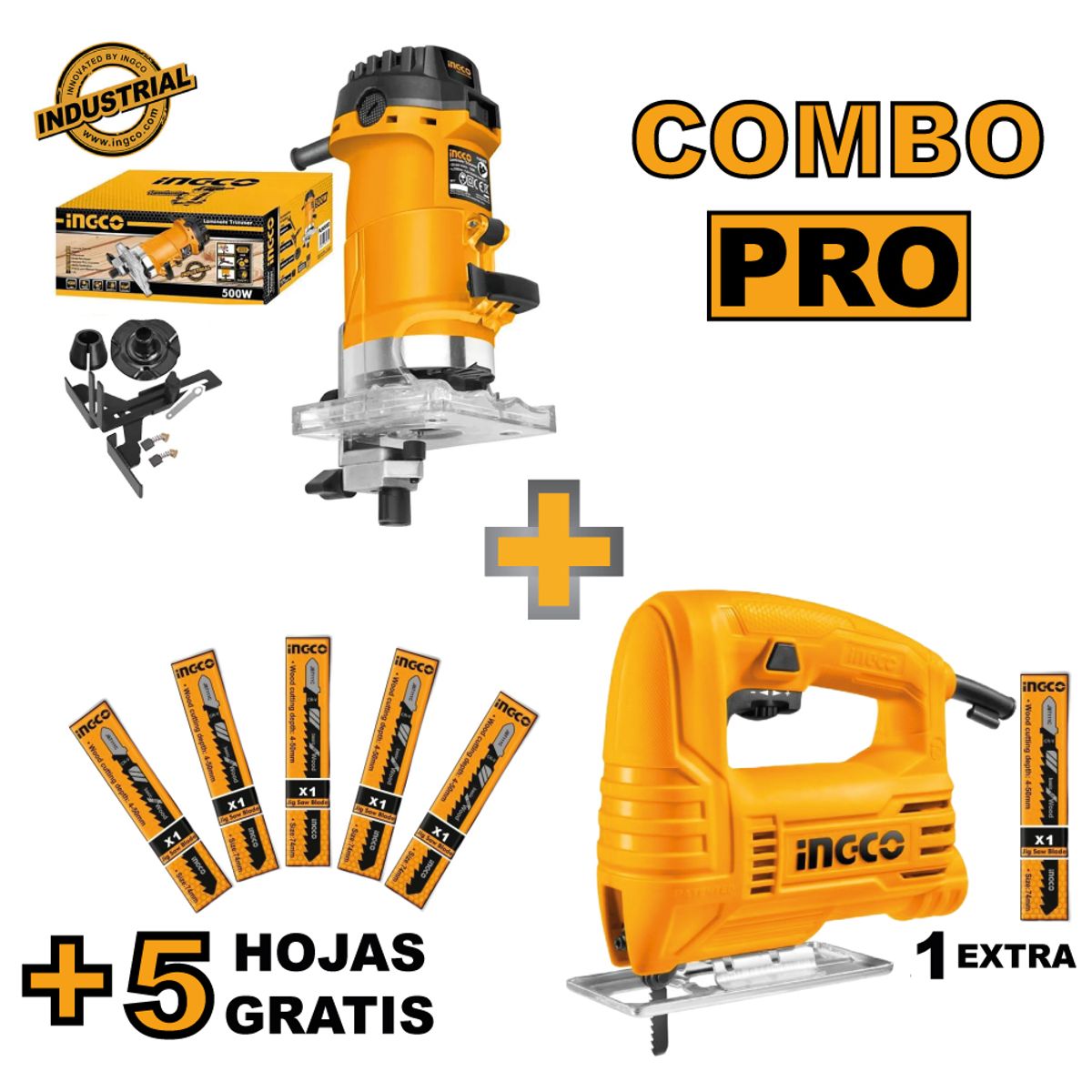 INGCO TOOLS - Combo Fresadora INGCO PLM5002 + Sierra Caladora  + 6 Hojas JS400285
