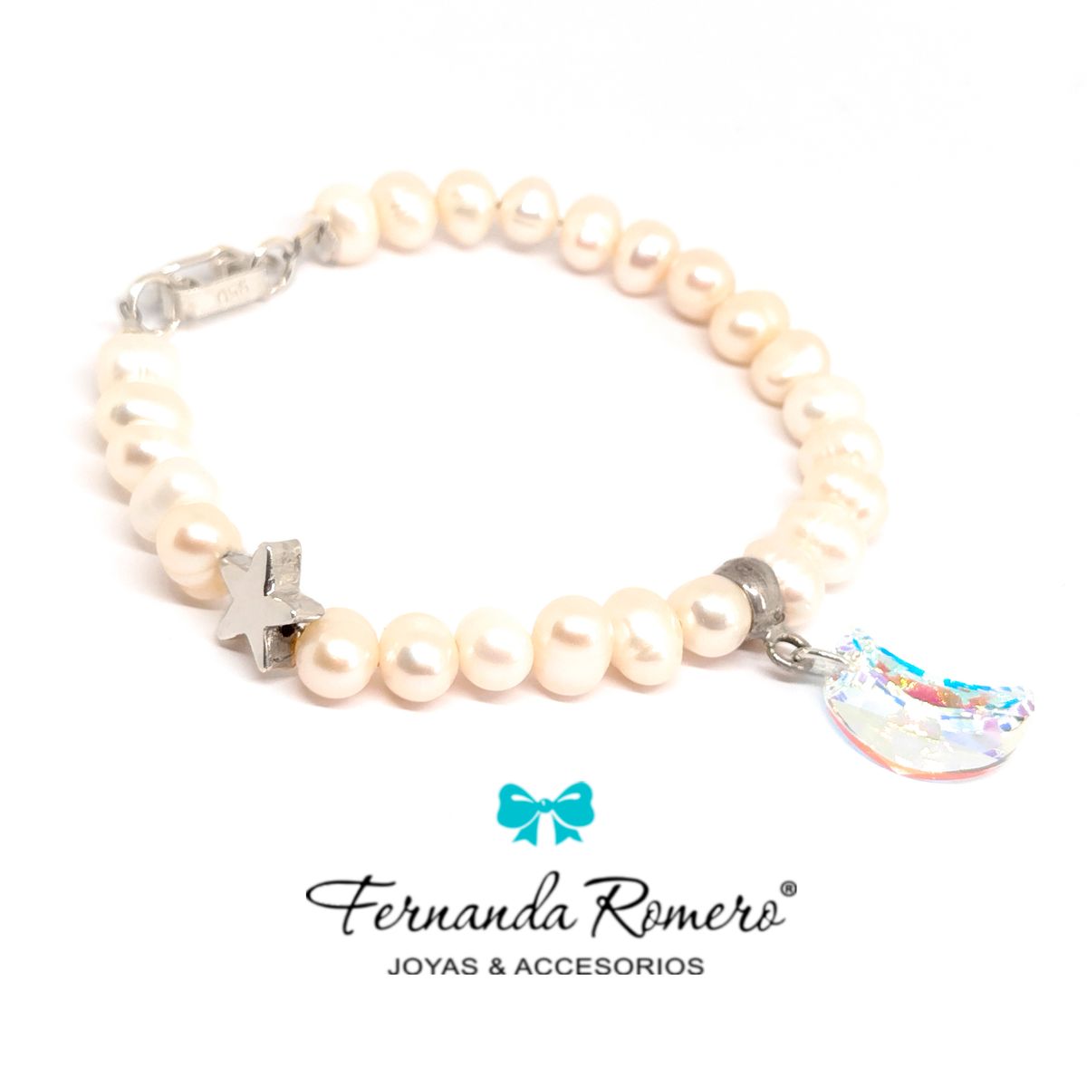 FERNANDA ROMERO JOYAS Y ACCESORIOS - Pulsera de Perlas de Rio Luna y Estrella de Cristal Austriaco Tornasol y Plata - Meditación Gratitud