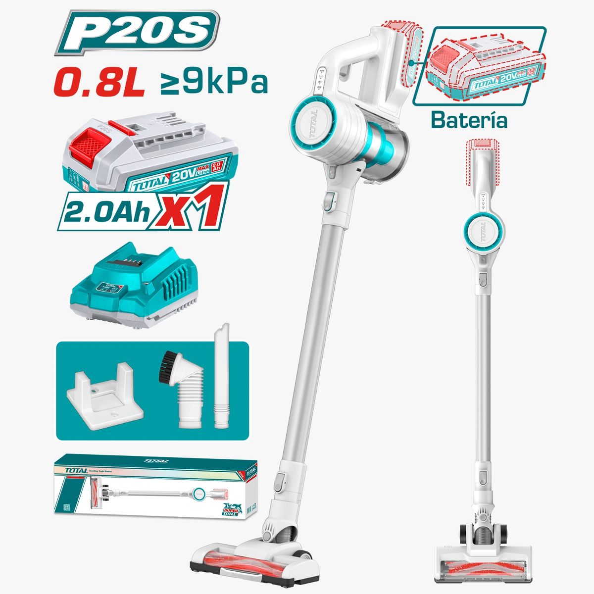 TOTAL - ASPIRADORA VERTICAL LI-ION 20V 0.8L PRESION 9KPA 1X2.0AH