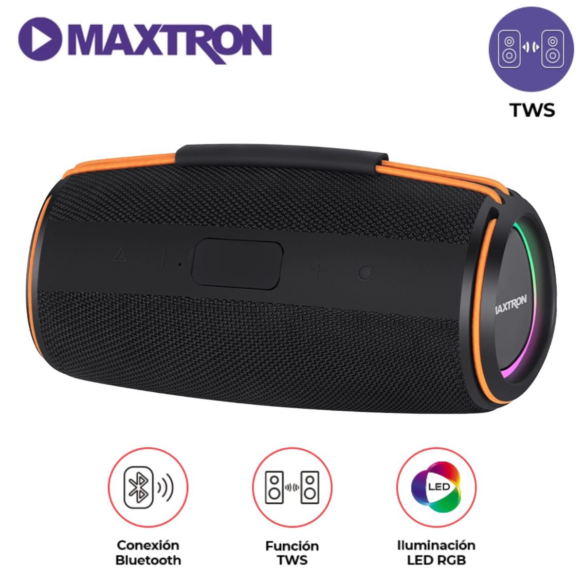 MAXTRON - Parlante Portátil Maxtron MX 302 Bluetooth USB TWS Luces RGB