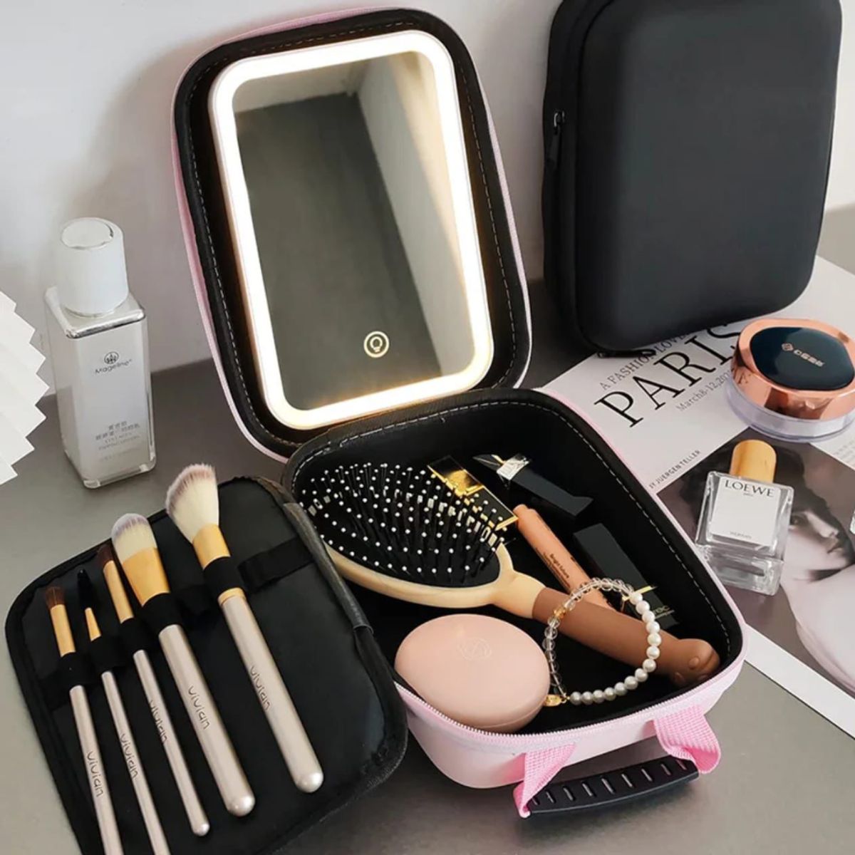 GENERICO - Neceser de Maquillaje Negro con Espejo LED Organizador Cosmético Portátil con Luz
