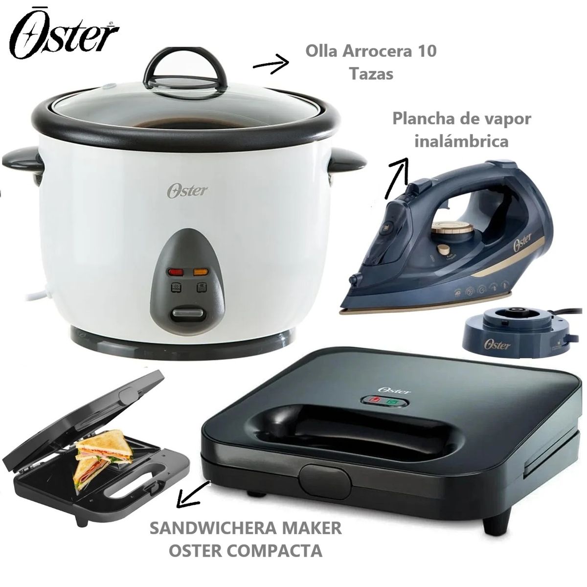 OSTER - Tricomco Olla arrocer+plancha inalambrica+Sandwichera Maker